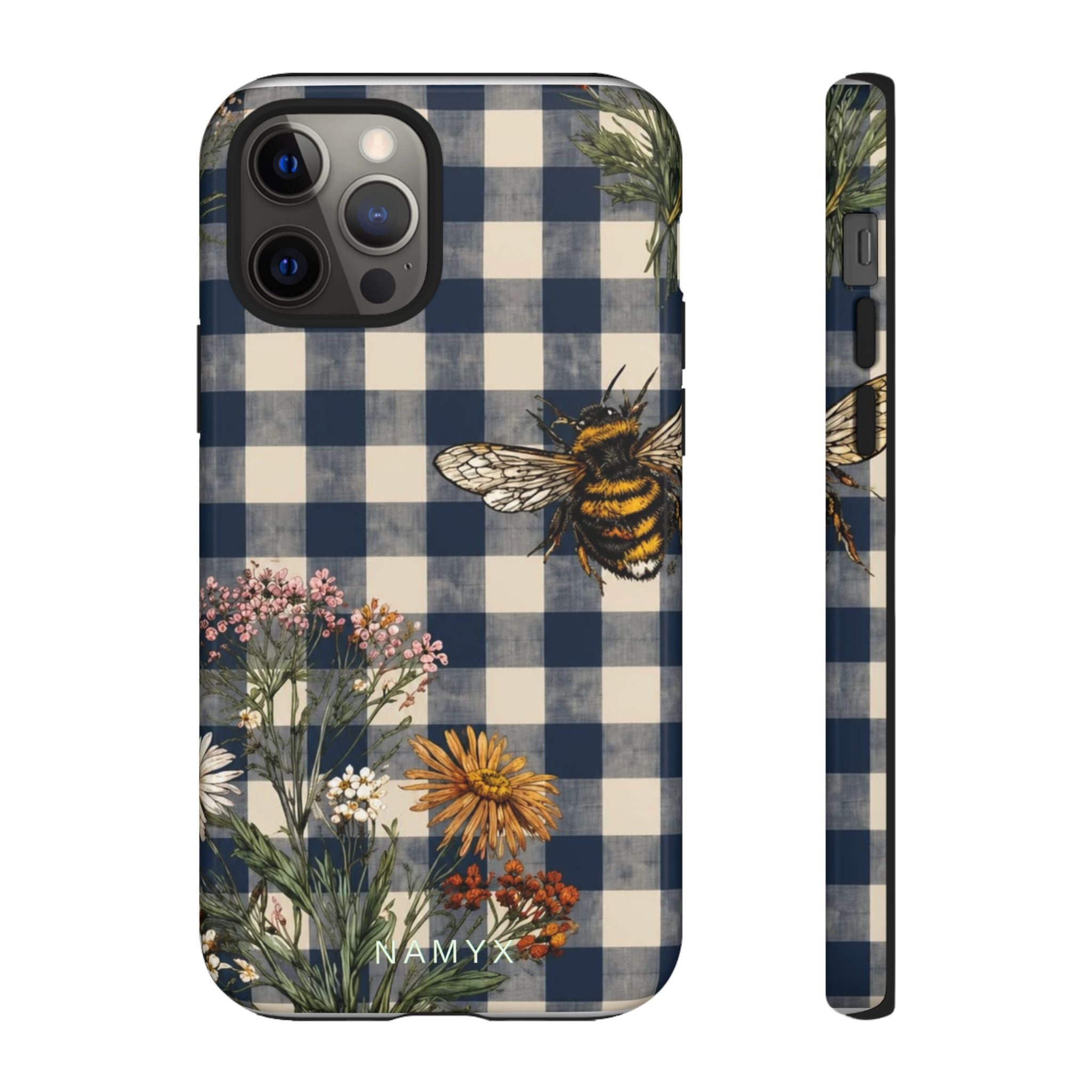 Bee & Wildflower Plaid Phone Case — Navy Buffalo Check Floral iPhone Cover