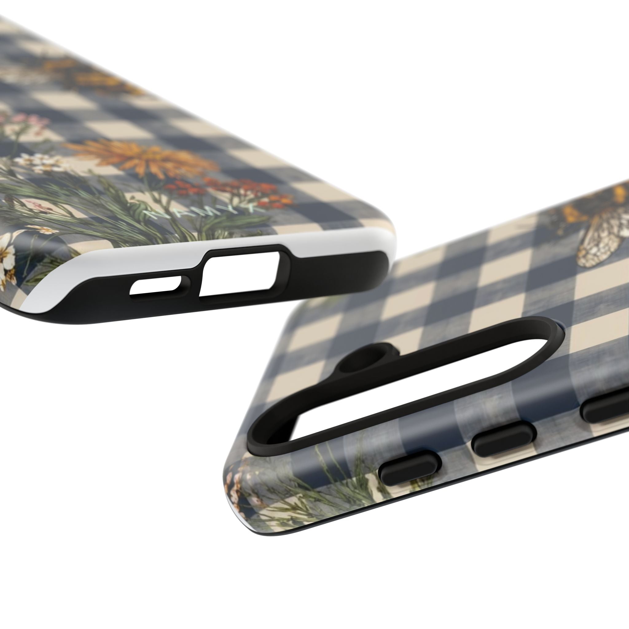 Bee & Wildflower Plaid Phone Case — Navy Buffalo Check Floral iPhone Cover
