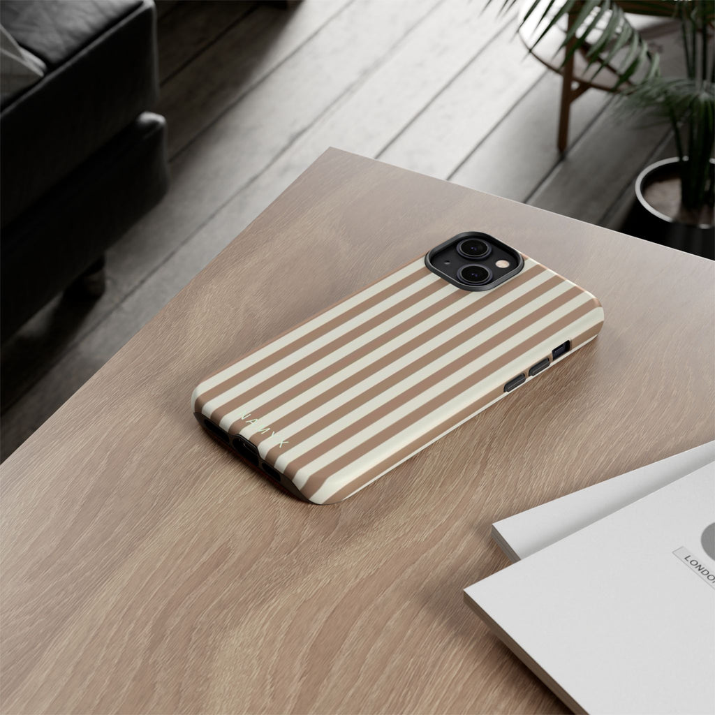 Striped Beige Phone Case — Classic Vertical Brown & Cream Stripe Tough Case