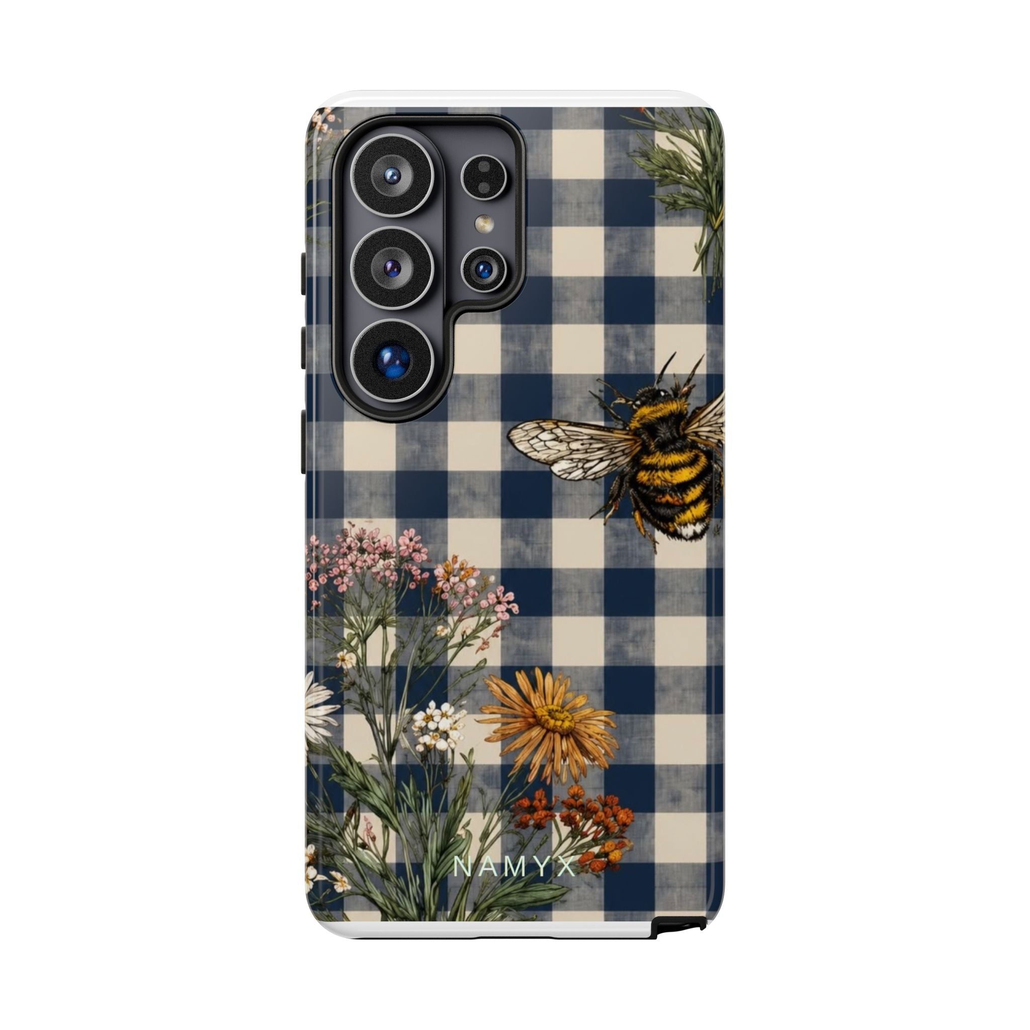 Bee & Wildflower Plaid Phone Case — Navy Buffalo Check Floral iPhone Cover
