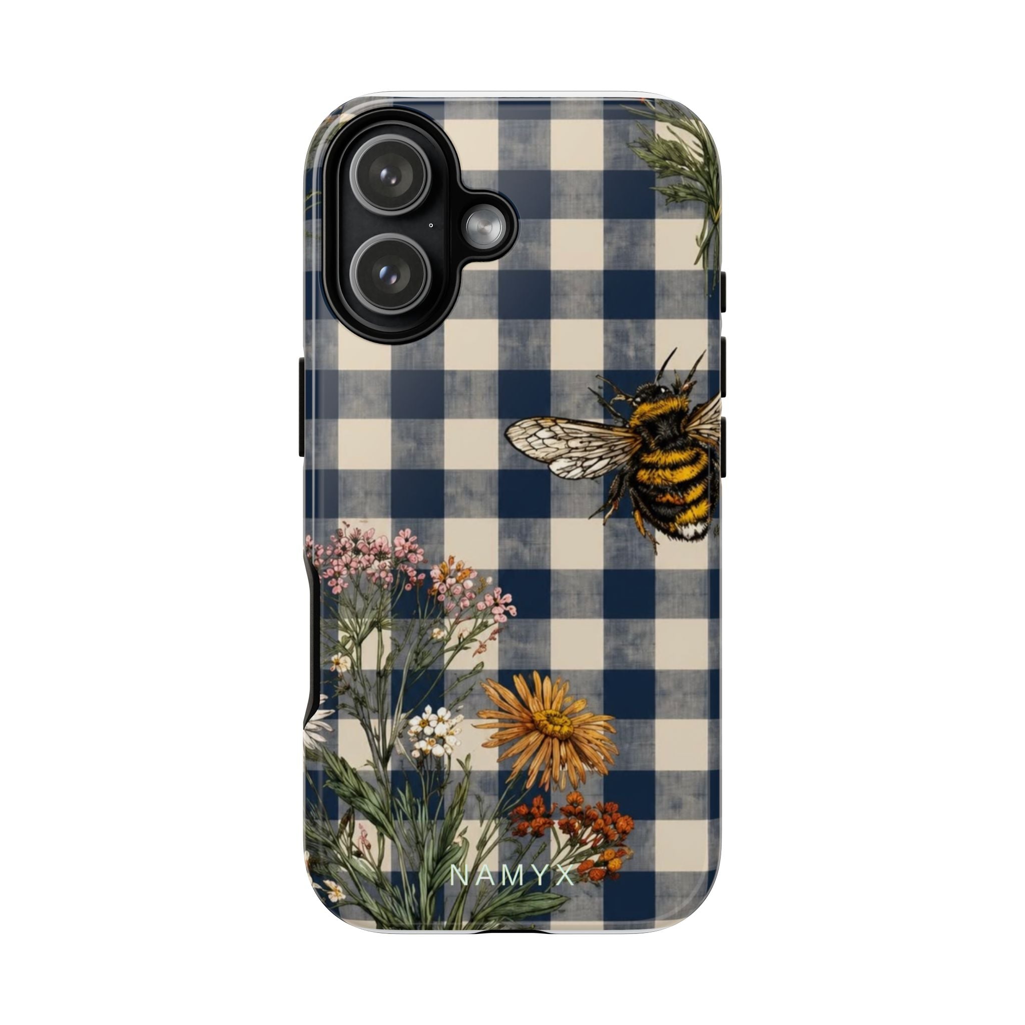 Bee & Wildflower Plaid Phone Case — Navy Buffalo Check Floral iPhone Cover