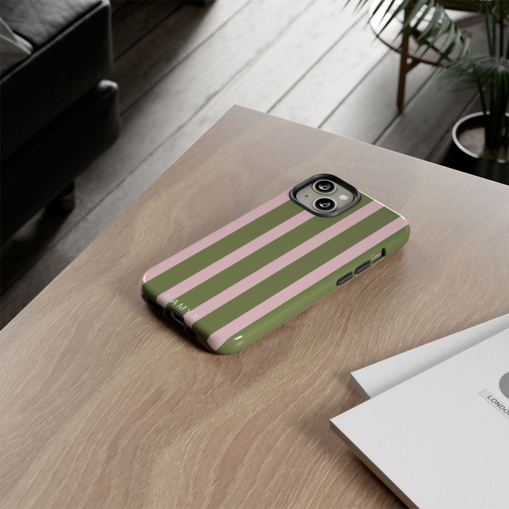 Striped Olive & Blush Tough Phone Case — Durable Protective Phone Cover