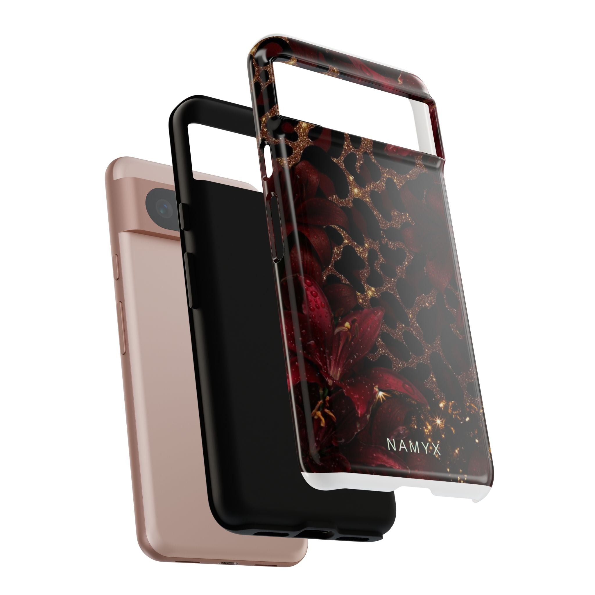 Protective Phone Case — Burgundy Floral & Gold Leopard Print Tough Case