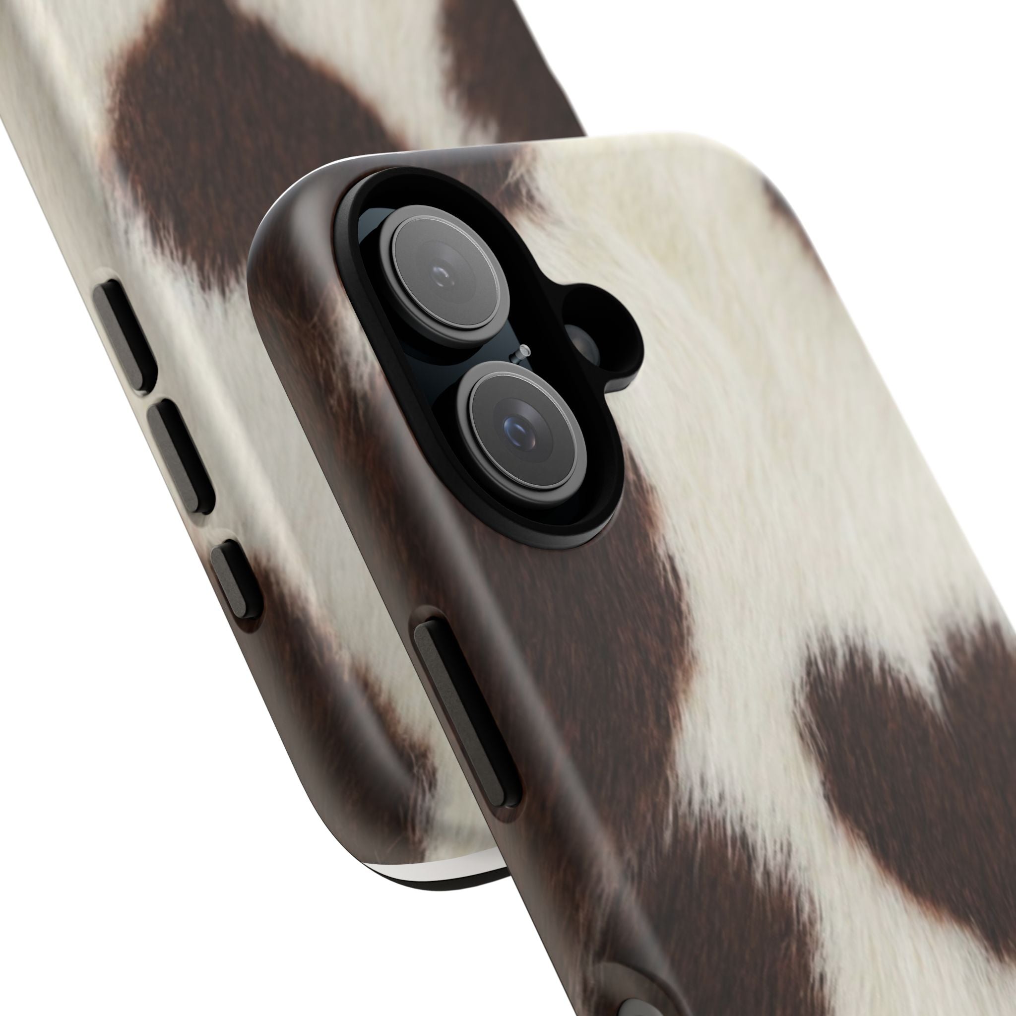 Cowhide Heart Phone Case — Cute Cow Print Protective iPhone Cover