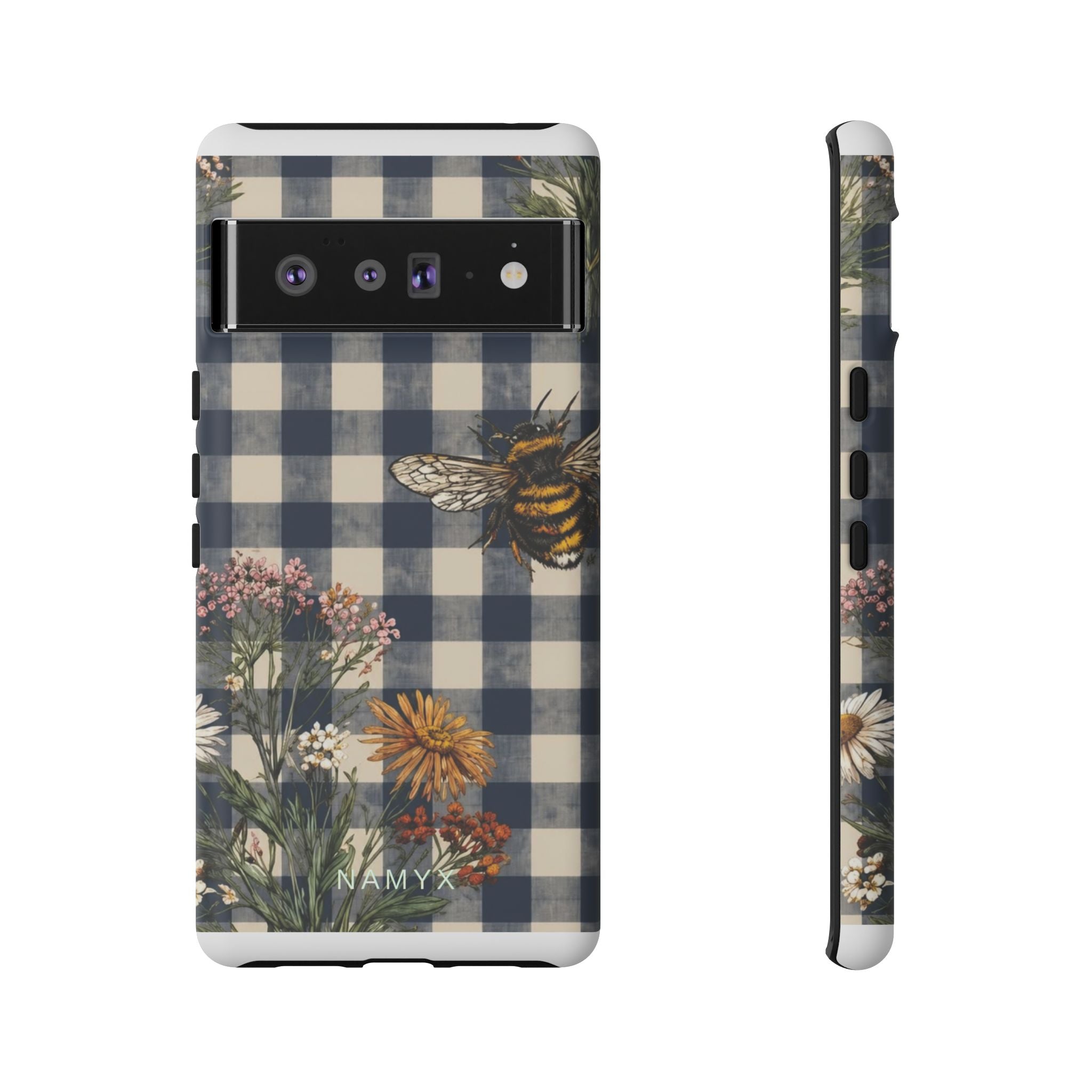 Bee & Wildflower Plaid Phone Case — Navy Buffalo Check Floral iPhone Cover