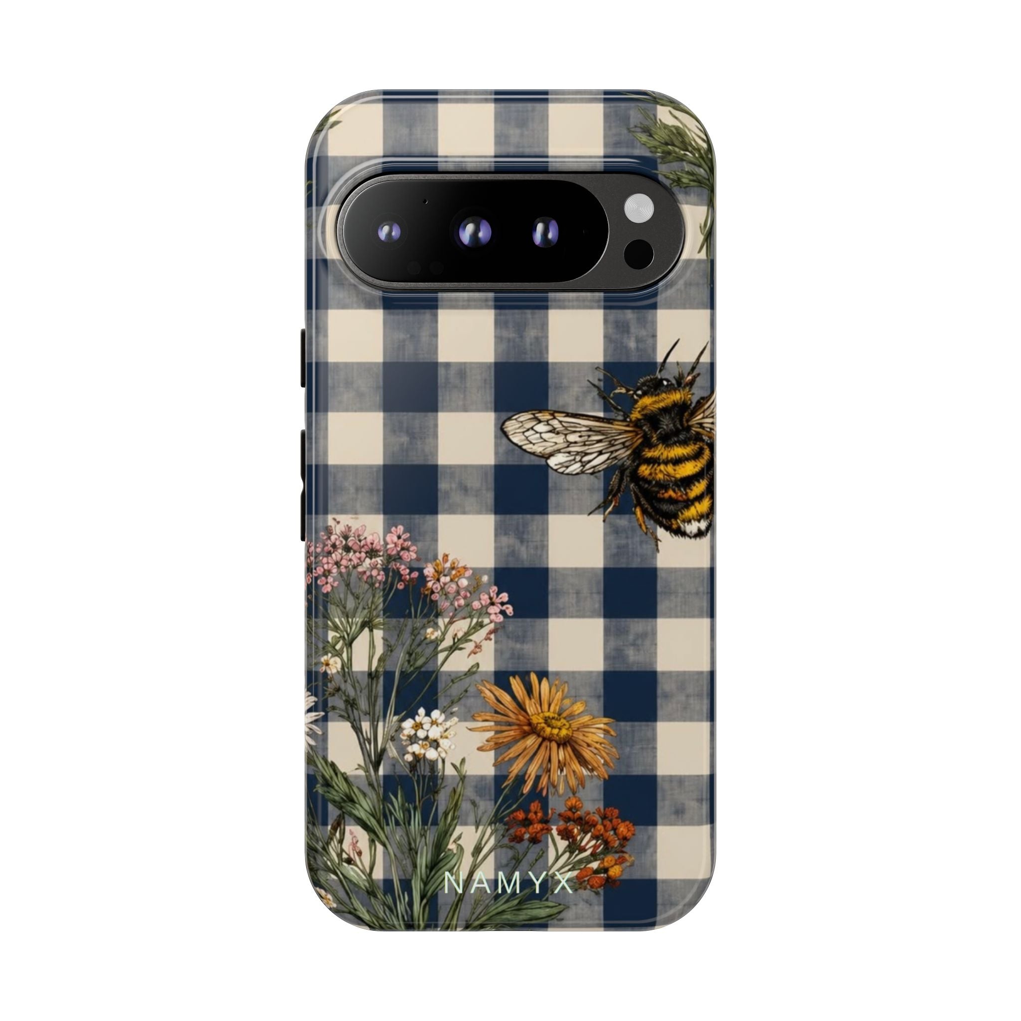 Bee & Wildflower Plaid Phone Case — Navy Buffalo Check Floral iPhone Cover
