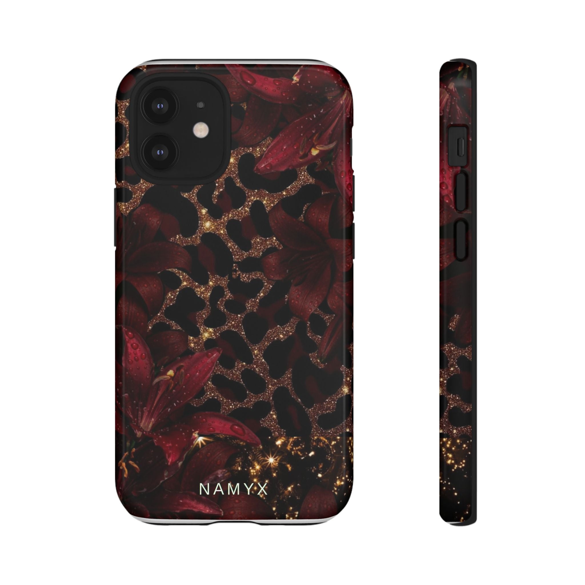 Protective Phone Case — Burgundy Floral & Gold Leopard Print Tough Case
