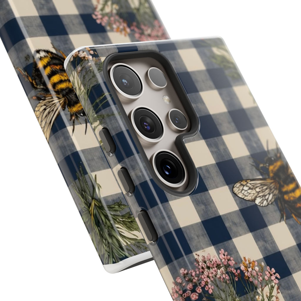 Bee & Wildflower Plaid Phone Case — Navy Buffalo Check Floral iPhone Cover