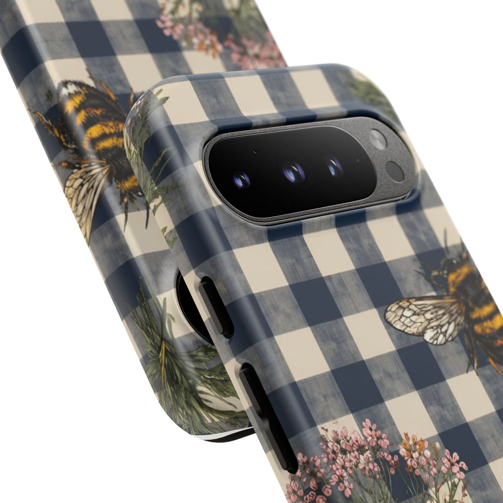 Bee & Wildflower Plaid Phone Case — Navy Buffalo Check Floral iPhone Cover
