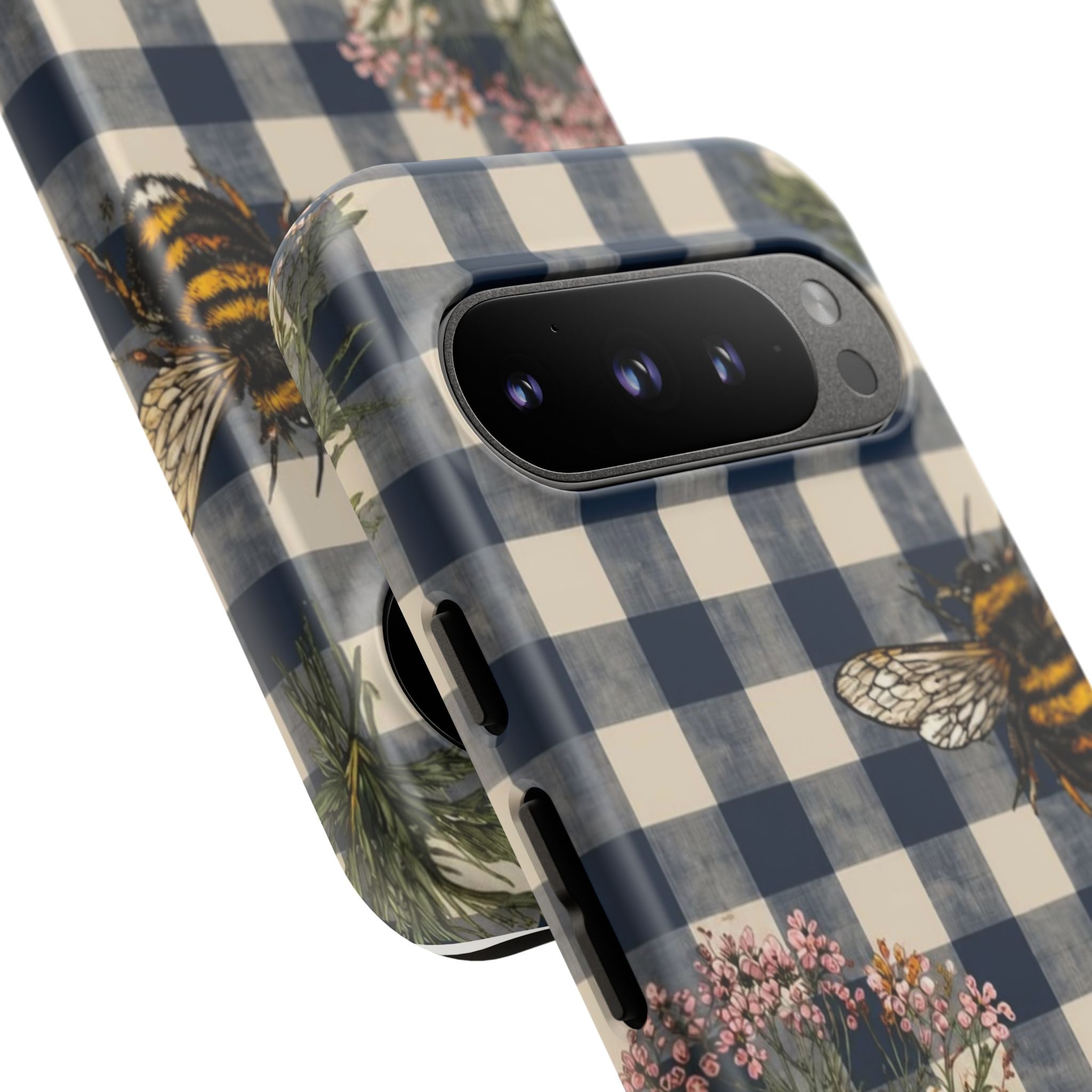 Bee & Wildflower Plaid Phone Case — Navy Buffalo Check Floral iPhone Cover