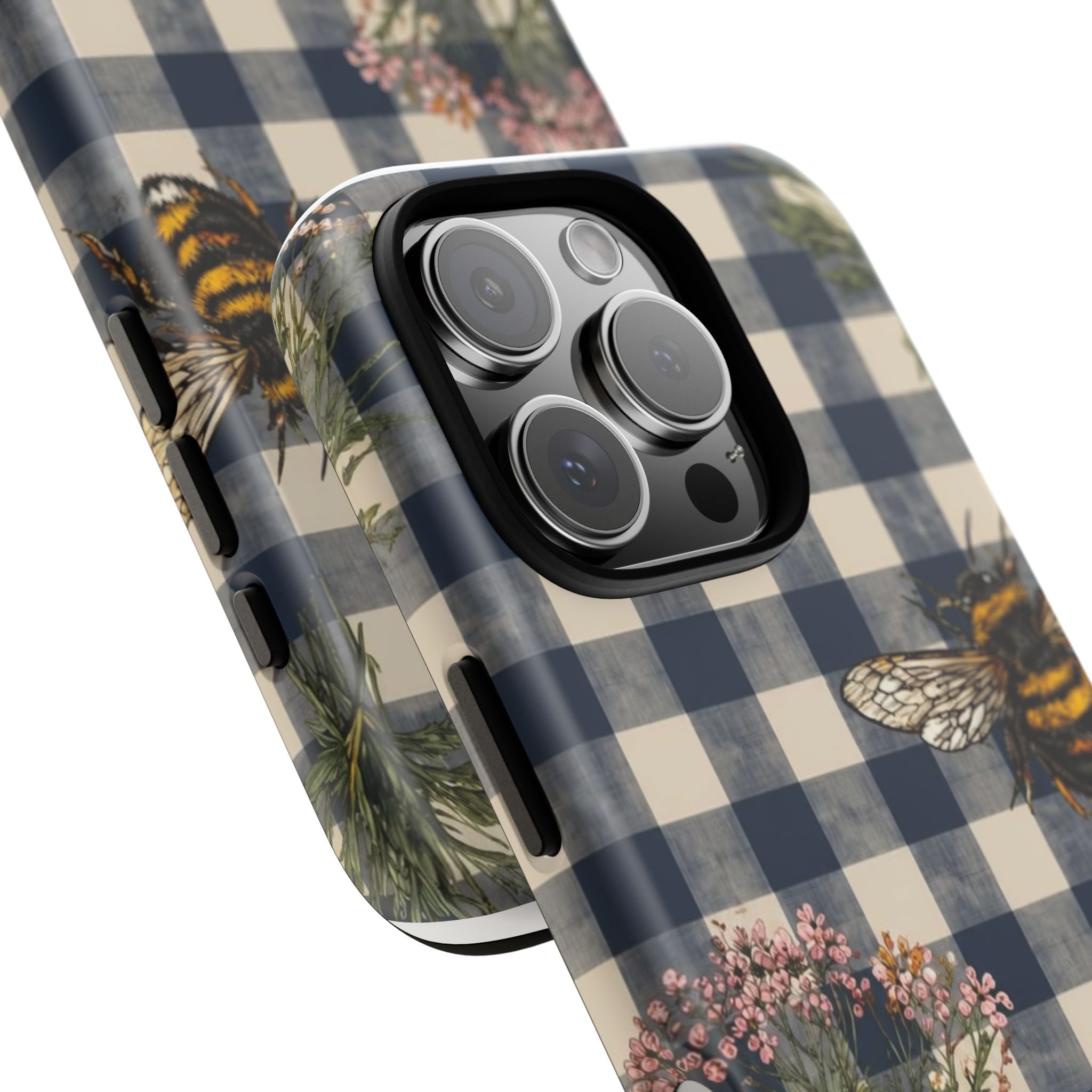 Bee & Wildflower Plaid Phone Case — Navy Buffalo Check Floral iPhone Cover