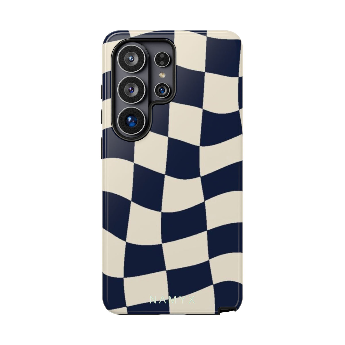 Wavy Checkered Phone Case – Retro Navy Racing Pattern Tough Case