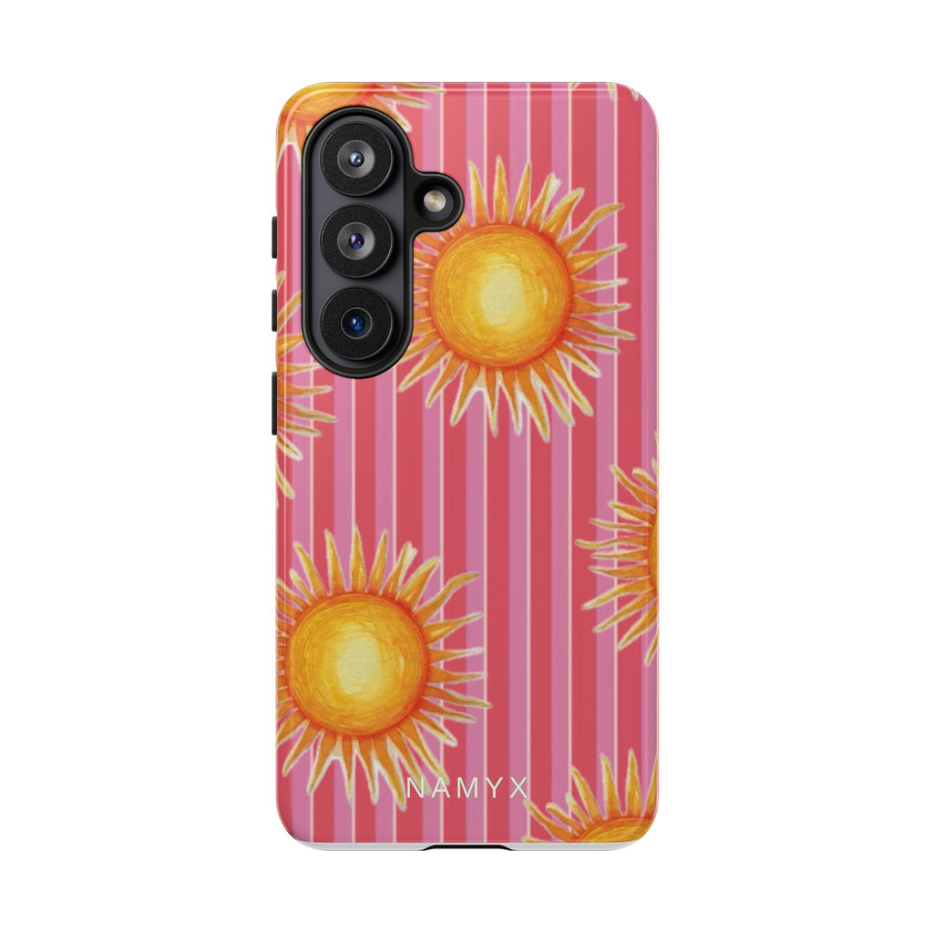 Sunburst Stripe Tough Phone Case — Bright Yellow Sun Pattern on Pink