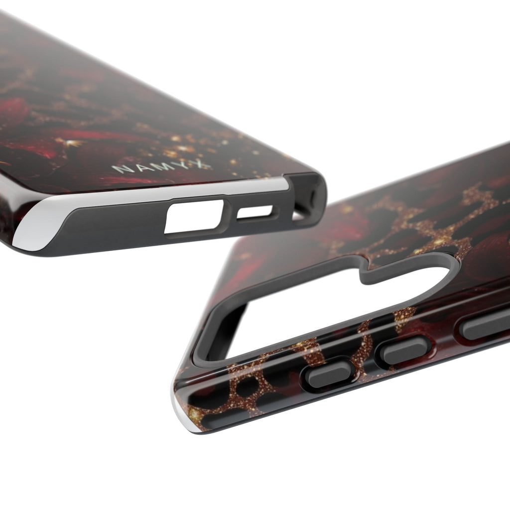 Protective Phone Case — Burgundy Floral & Gold Leopard Print Tough Case