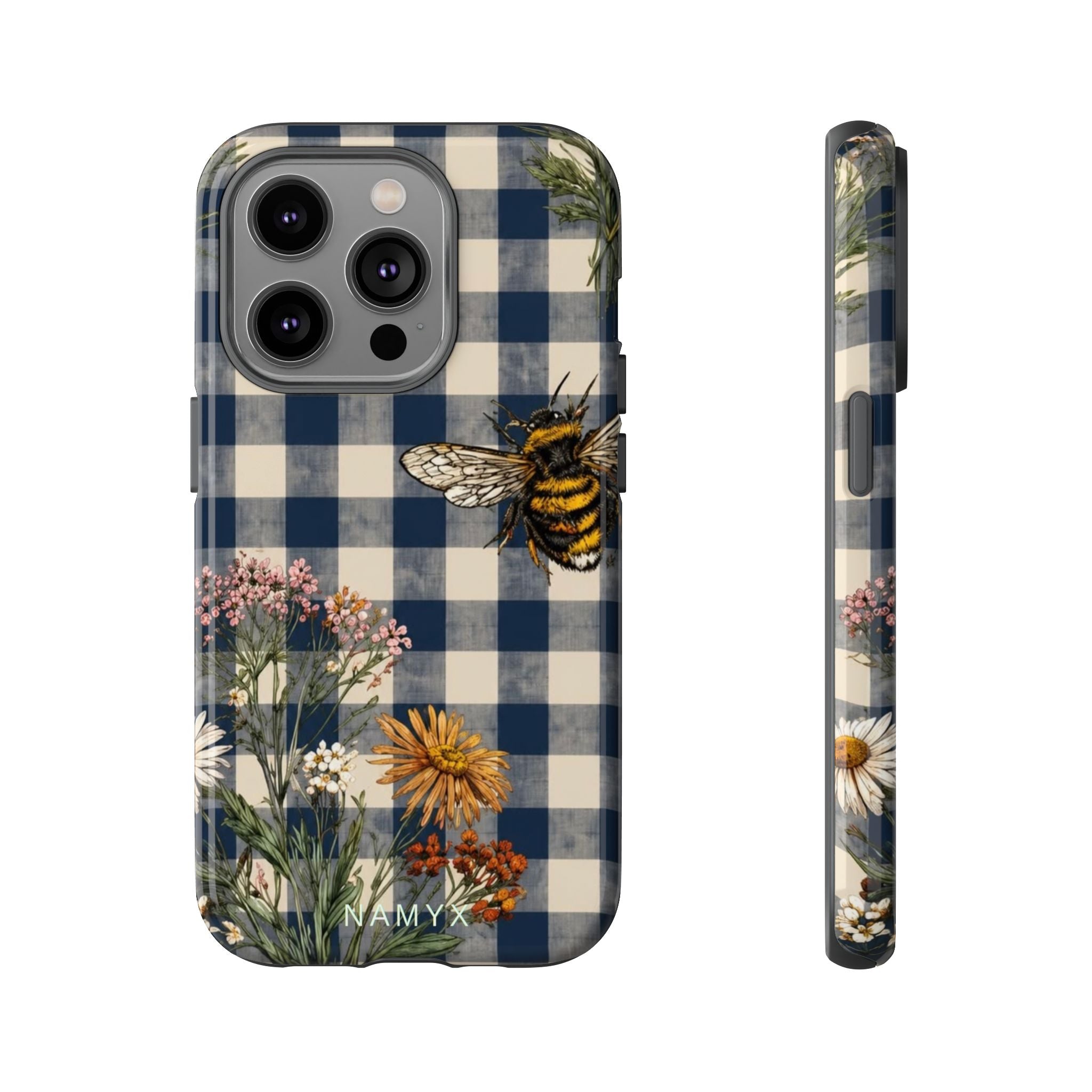 Bee & Wildflower Plaid Phone Case — Navy Buffalo Check Floral iPhone Cover