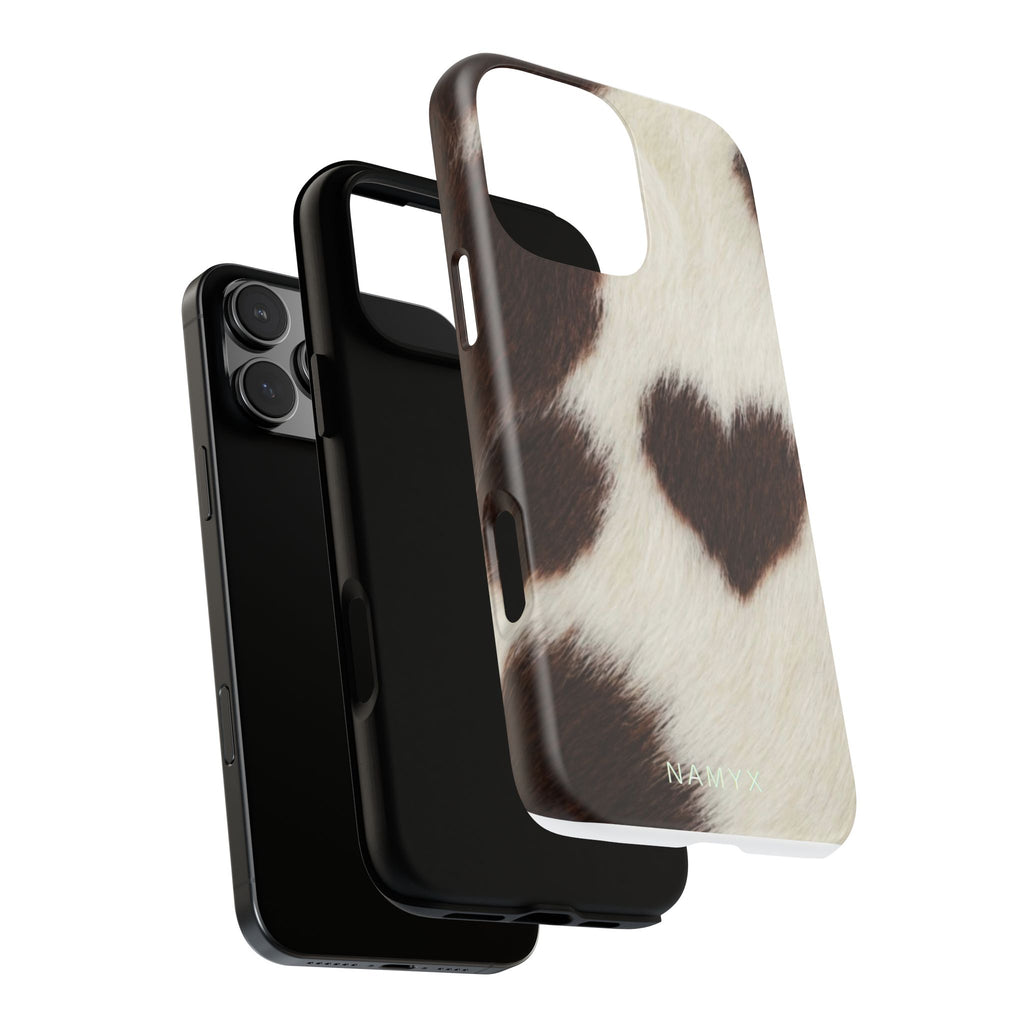 Cowhide Heart Phone Case — Cute Cow Print Protective iPhone Cover
