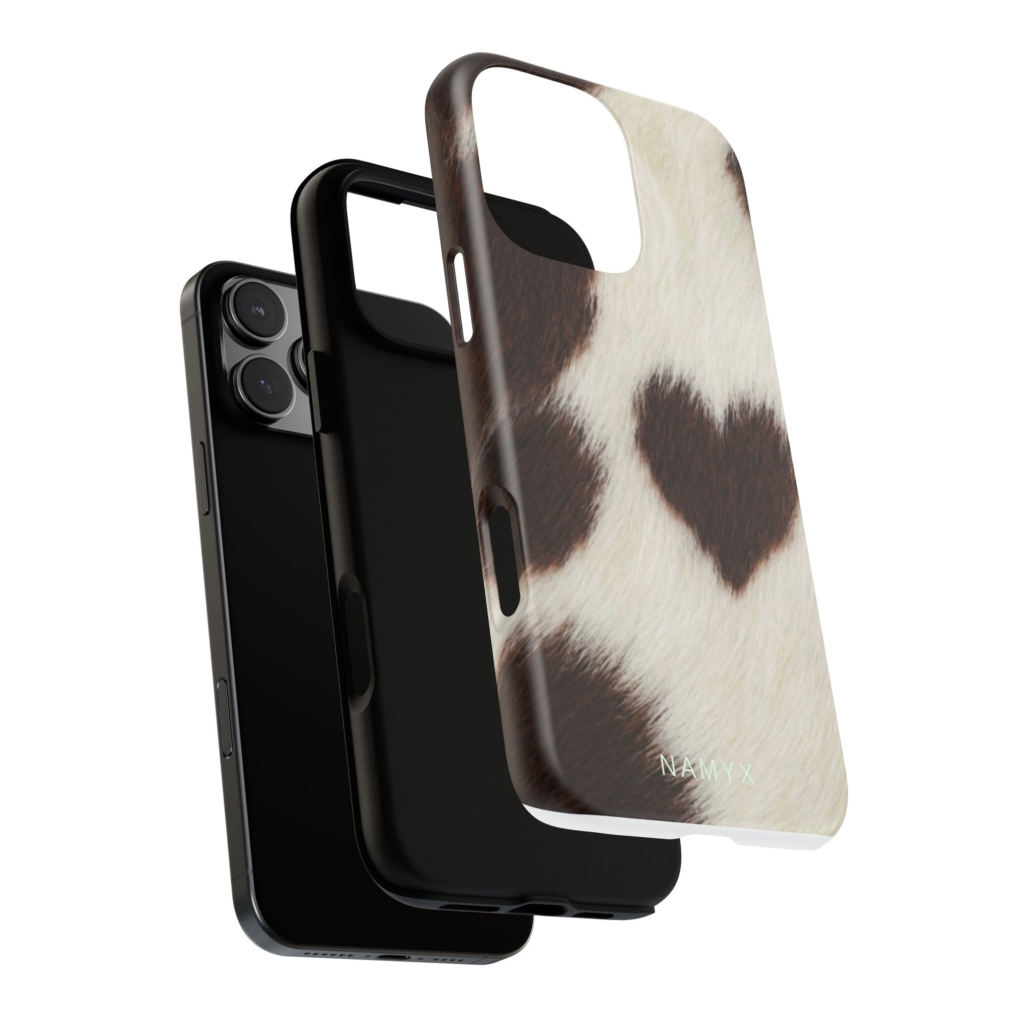 Cowhide Heart Phone Case — Cute Cow Print Protective iPhone Cover