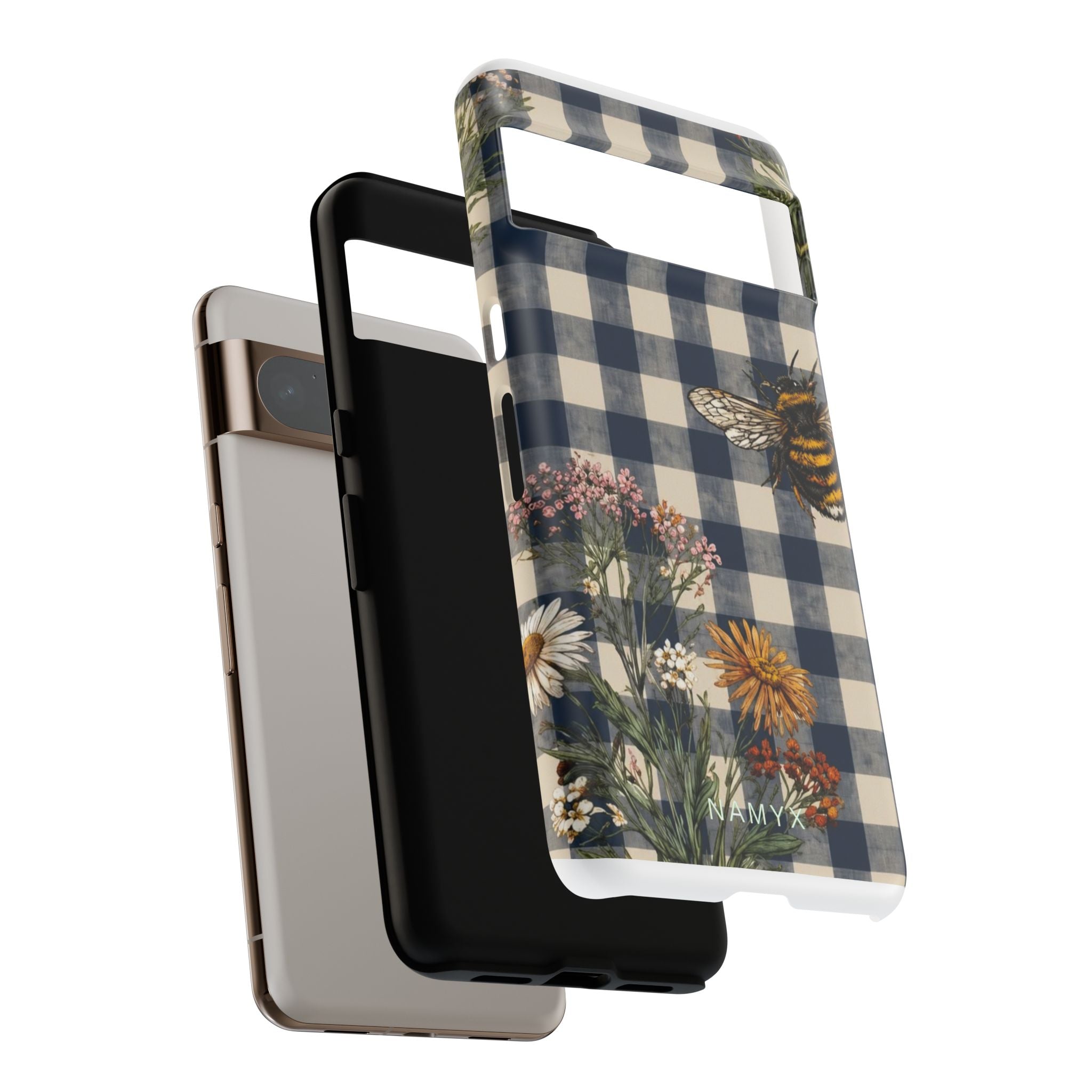 Bee & Wildflower Plaid Phone Case — Navy Buffalo Check Floral iPhone Cover