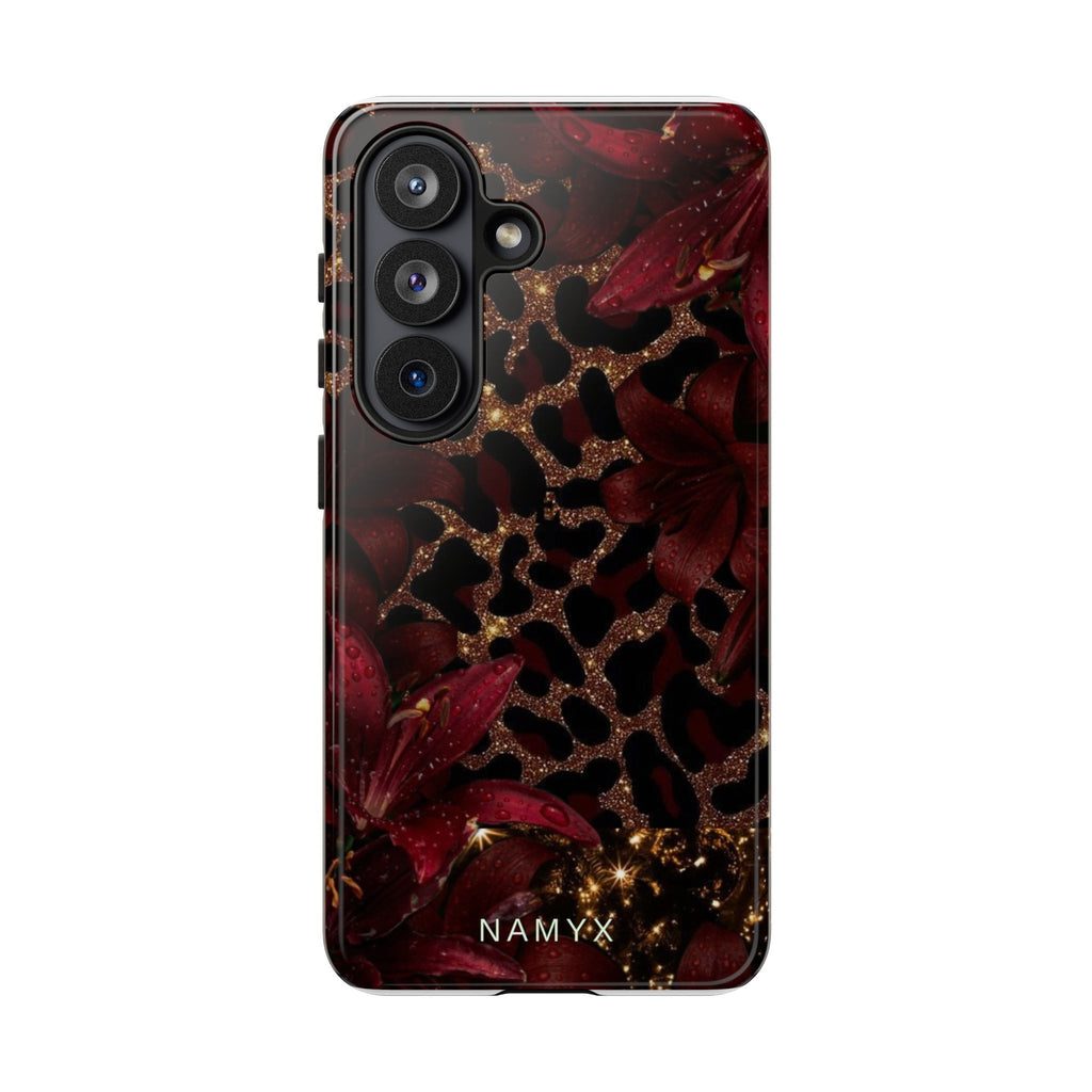 Protective Phone Case — Burgundy Floral & Gold Leopard Print Tough Case