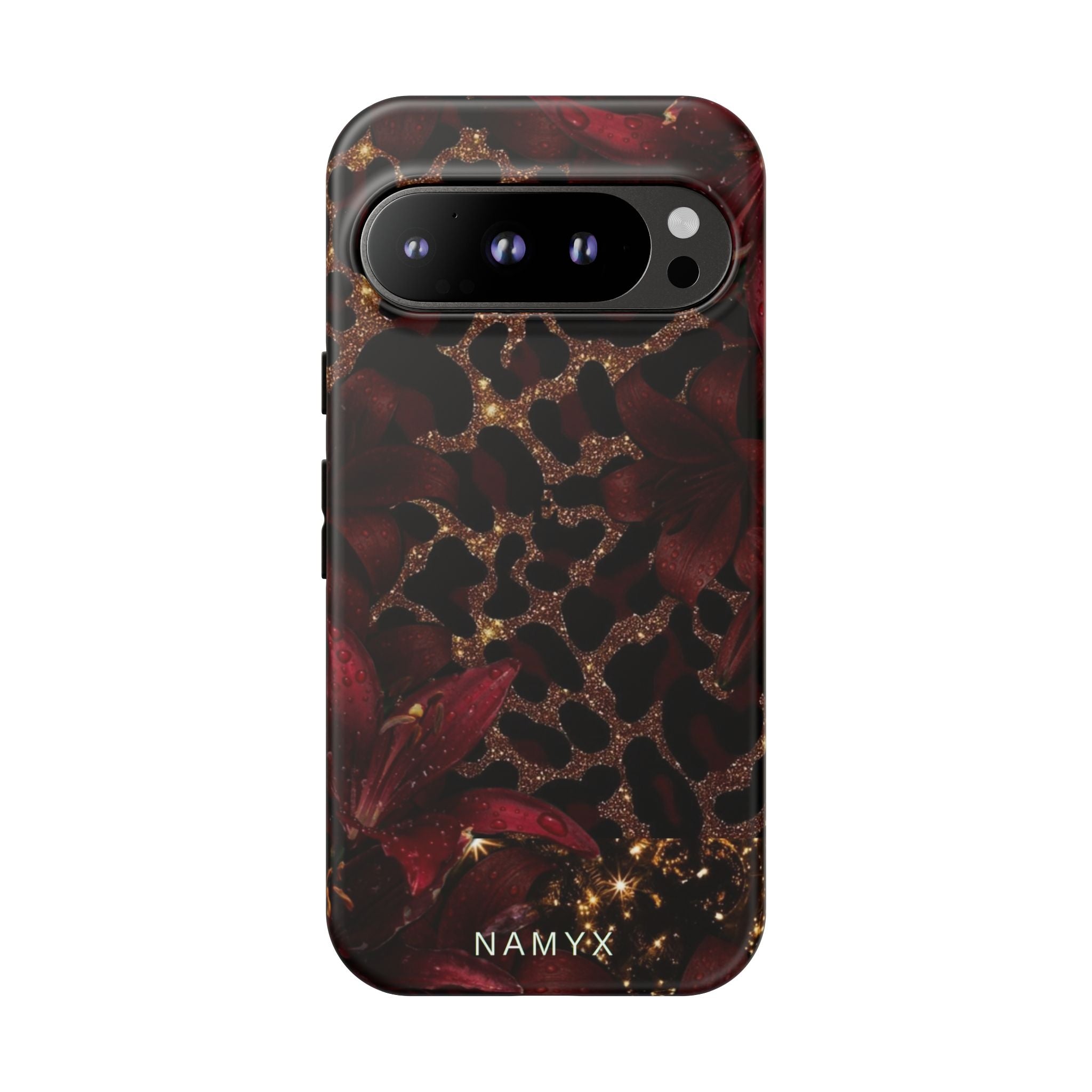 Protective Phone Case — Burgundy Floral & Gold Leopard Print Tough Case