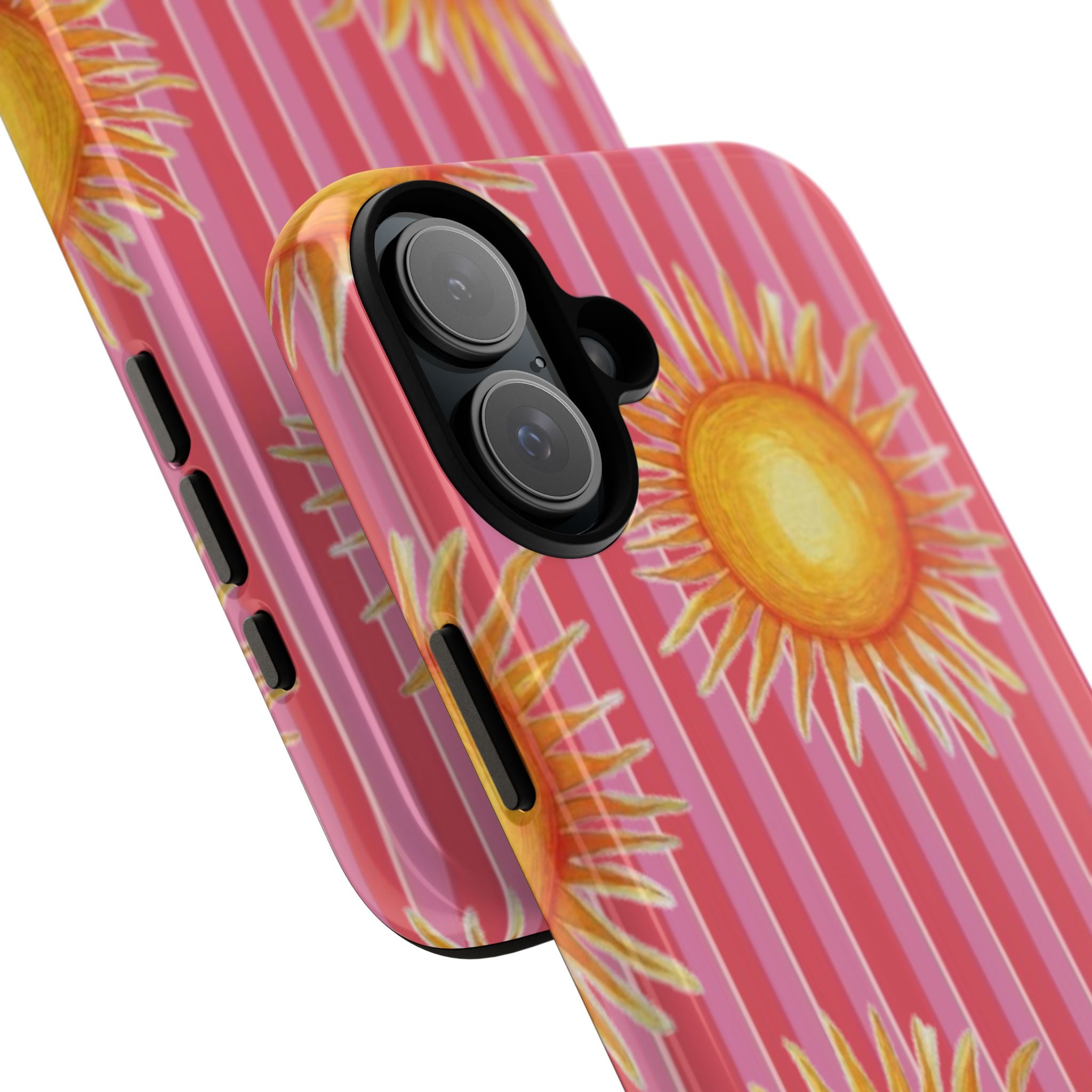 Sunburst Stripe Tough Phone Case — Bright Yellow Sun Pattern on Pink