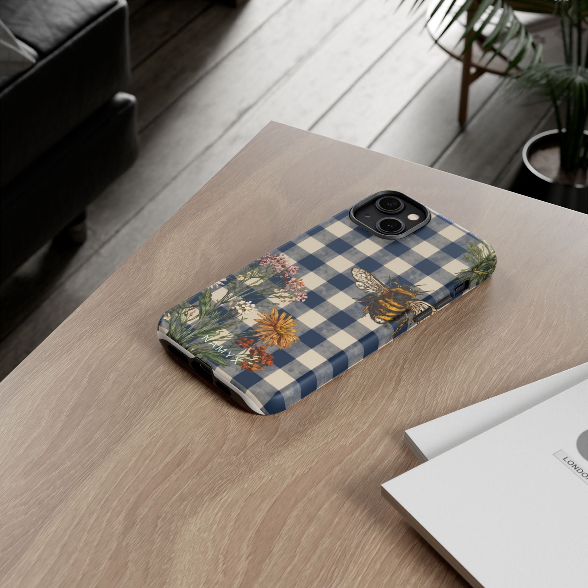 Bee & Wildflower Plaid Phone Case — Navy Buffalo Check Floral iPhone Cover