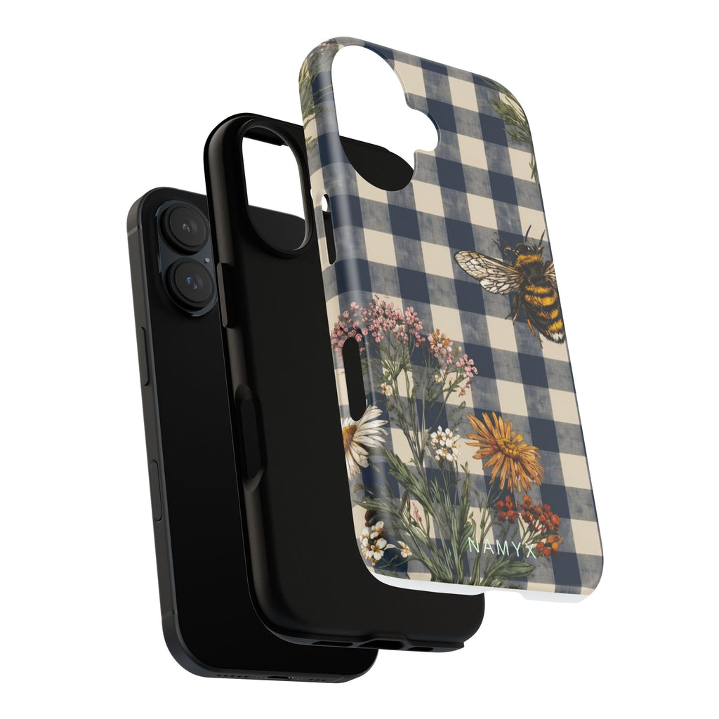 Bee & Wildflower Plaid Phone Case — Navy Buffalo Check Floral iPhone Cover