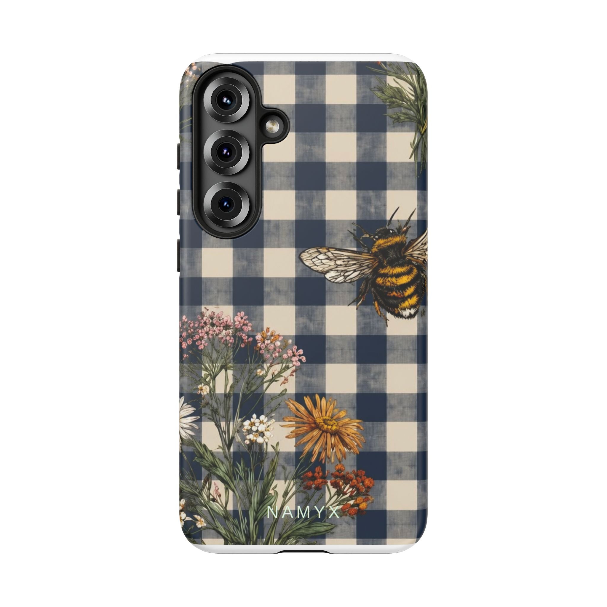 Bee & Wildflower Plaid Phone Case — Navy Buffalo Check Floral iPhone Cover