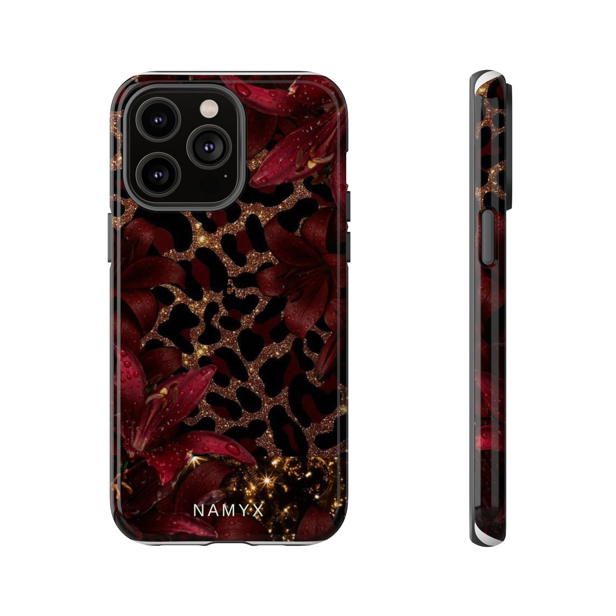 Protective Phone Case — Burgundy Floral & Gold Leopard Print Tough Case