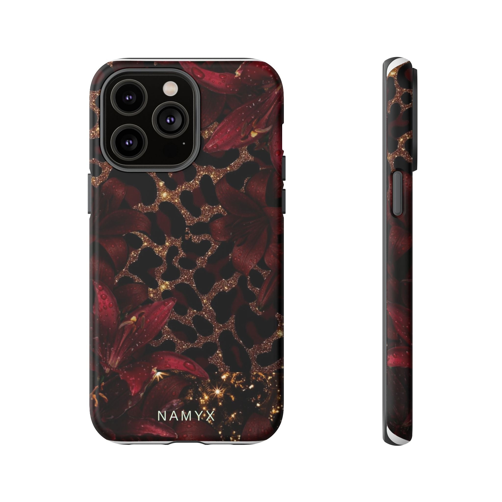 Protective Phone Case — Burgundy Floral & Gold Leopard Print Tough Case