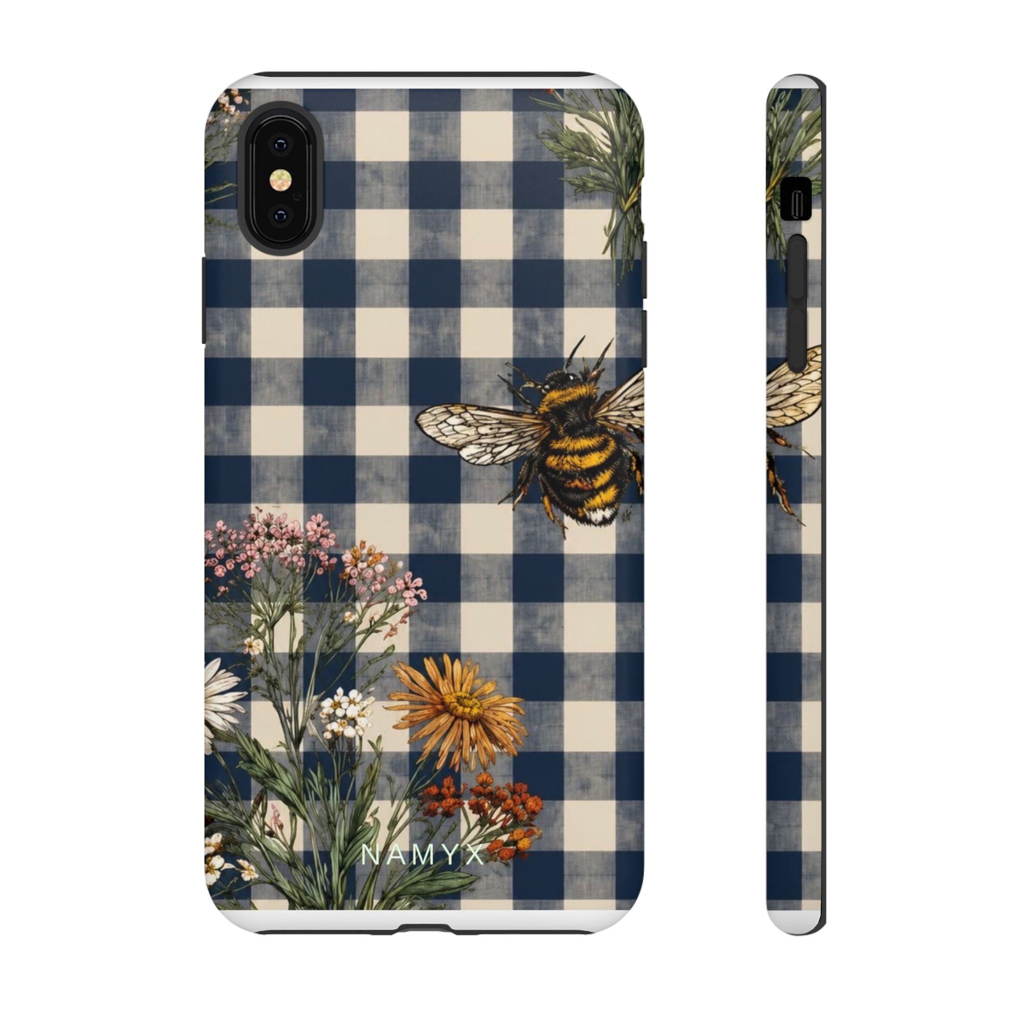 Bee & Wildflower Plaid Phone Case — Navy Buffalo Check Floral iPhone Cover