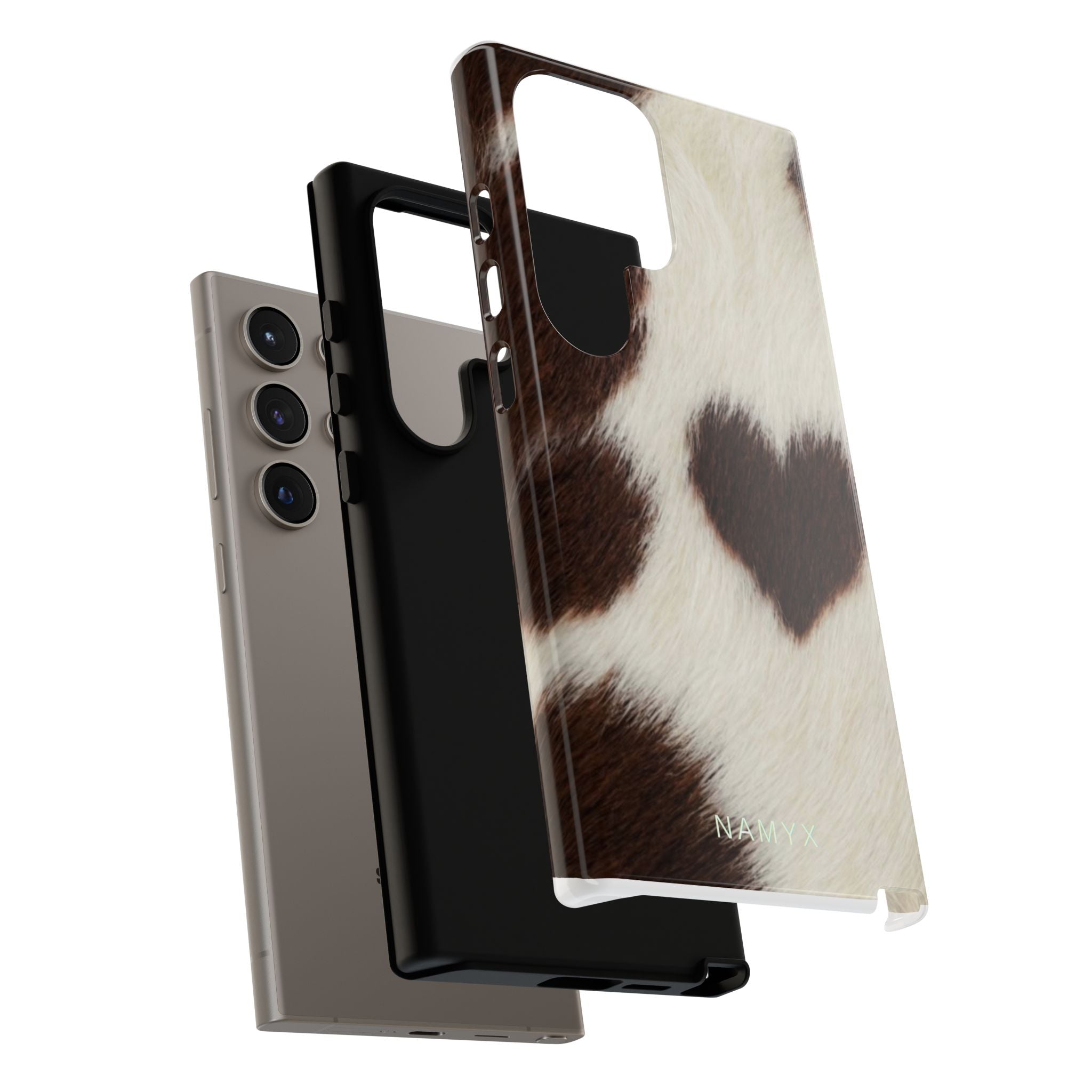 Cowhide Heart Phone Case — Cute Cow Print Protective iPhone Cover
