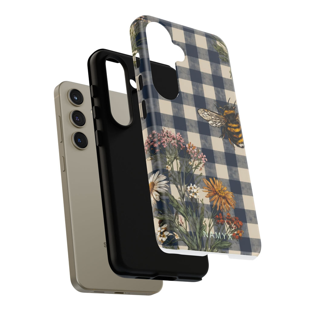 Bee & Wildflower Plaid Phone Case — Navy Buffalo Check Floral iPhone Cover