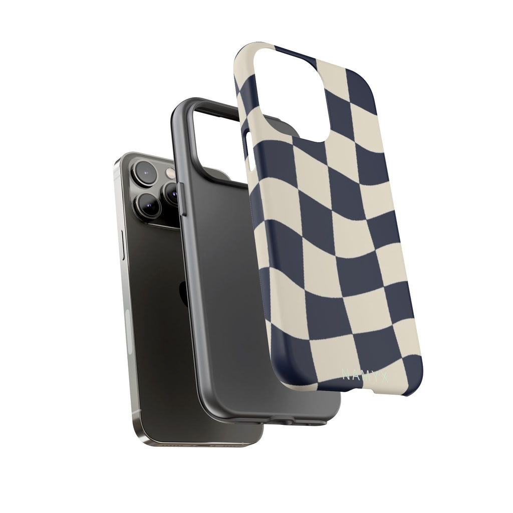 Wavy Checkered Phone Case – Retro Navy Racing Pattern Tough Case