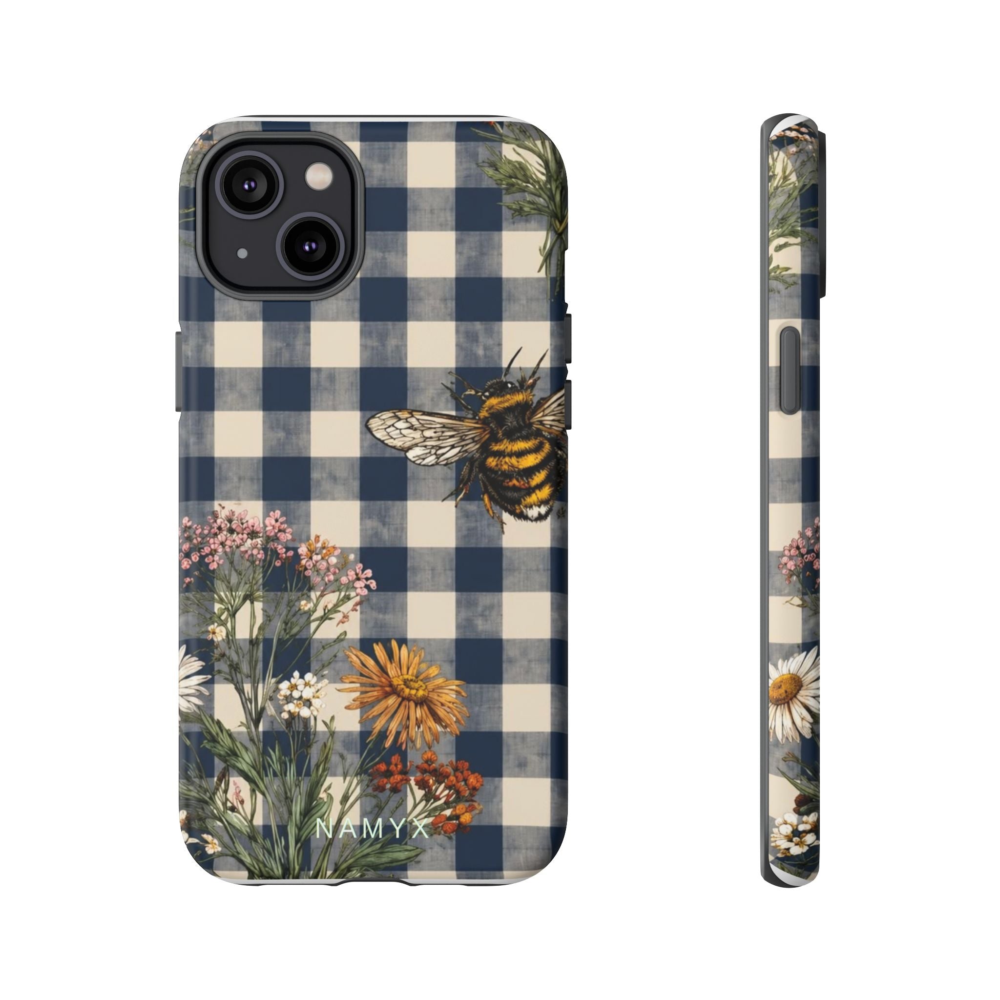 Bee & Wildflower Plaid Phone Case — Navy Buffalo Check Floral iPhone Cover
