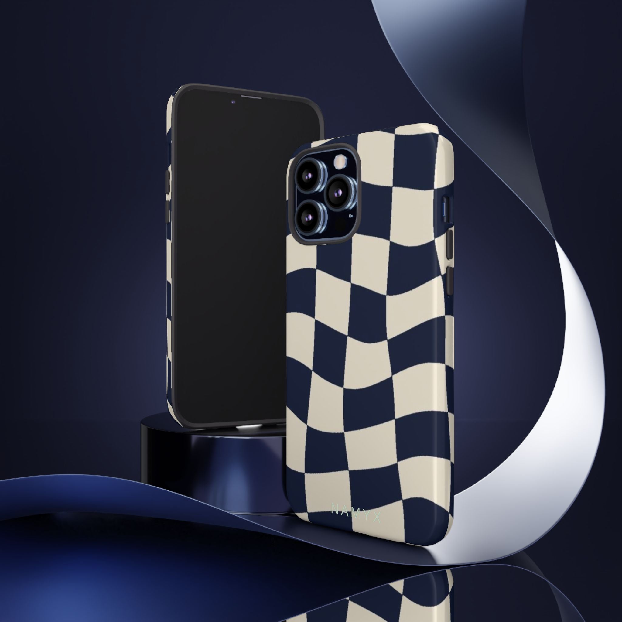 Wavy Checkered Phone Case – Retro Navy Racing Pattern Tough Case