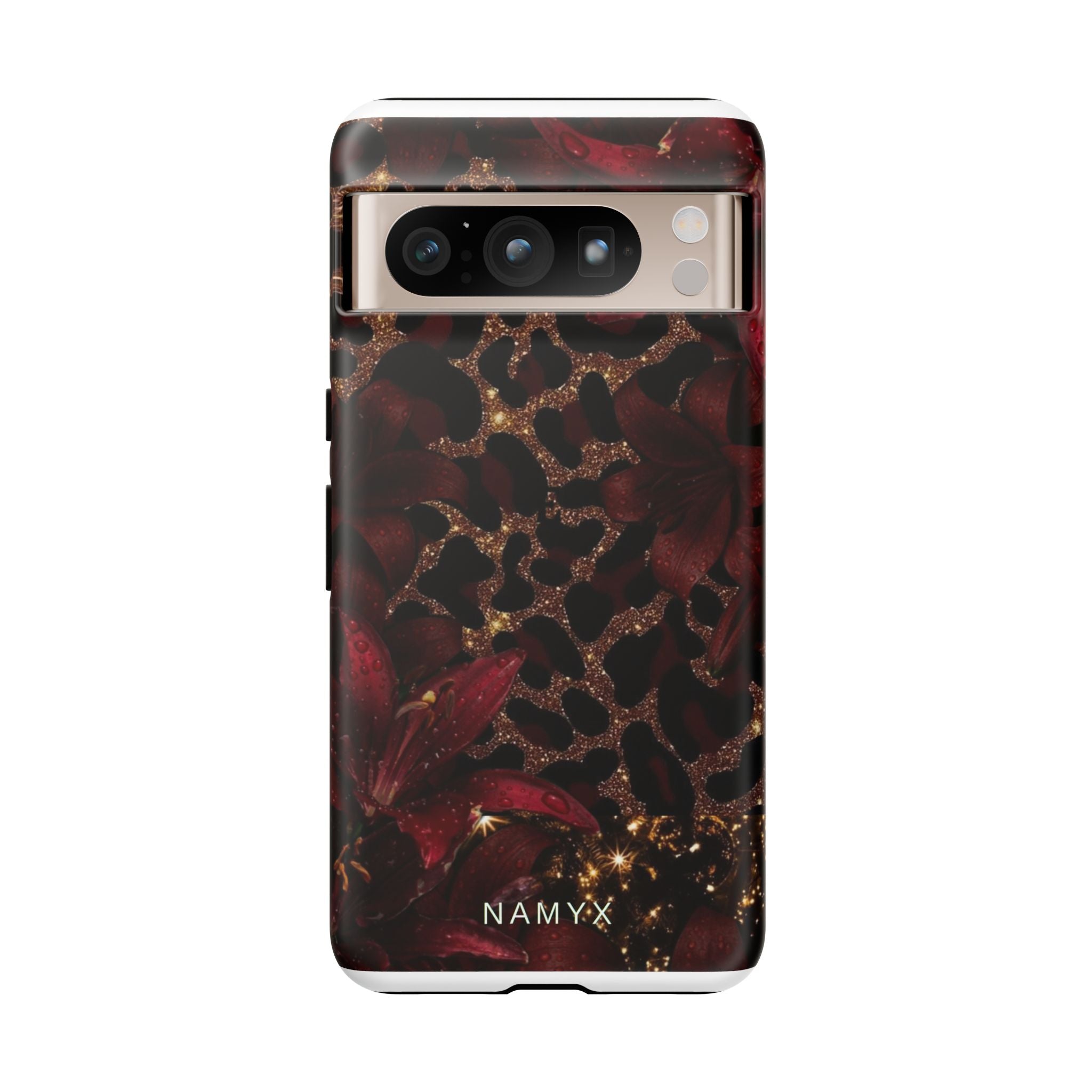 Protective Phone Case — Burgundy Floral & Gold Leopard Print Tough Case