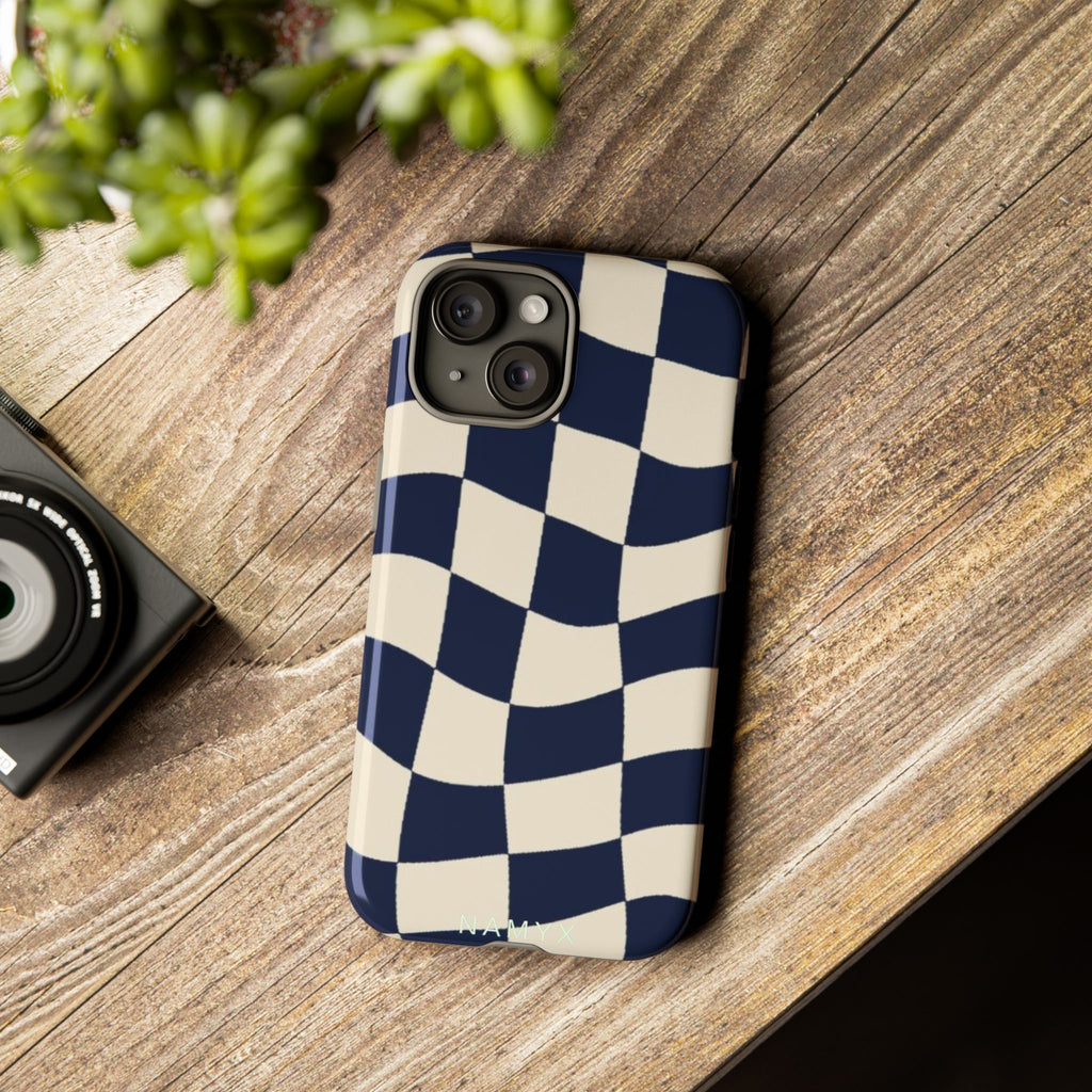 Wavy Checkered Phone Case – Retro Navy Racing Pattern Tough Case