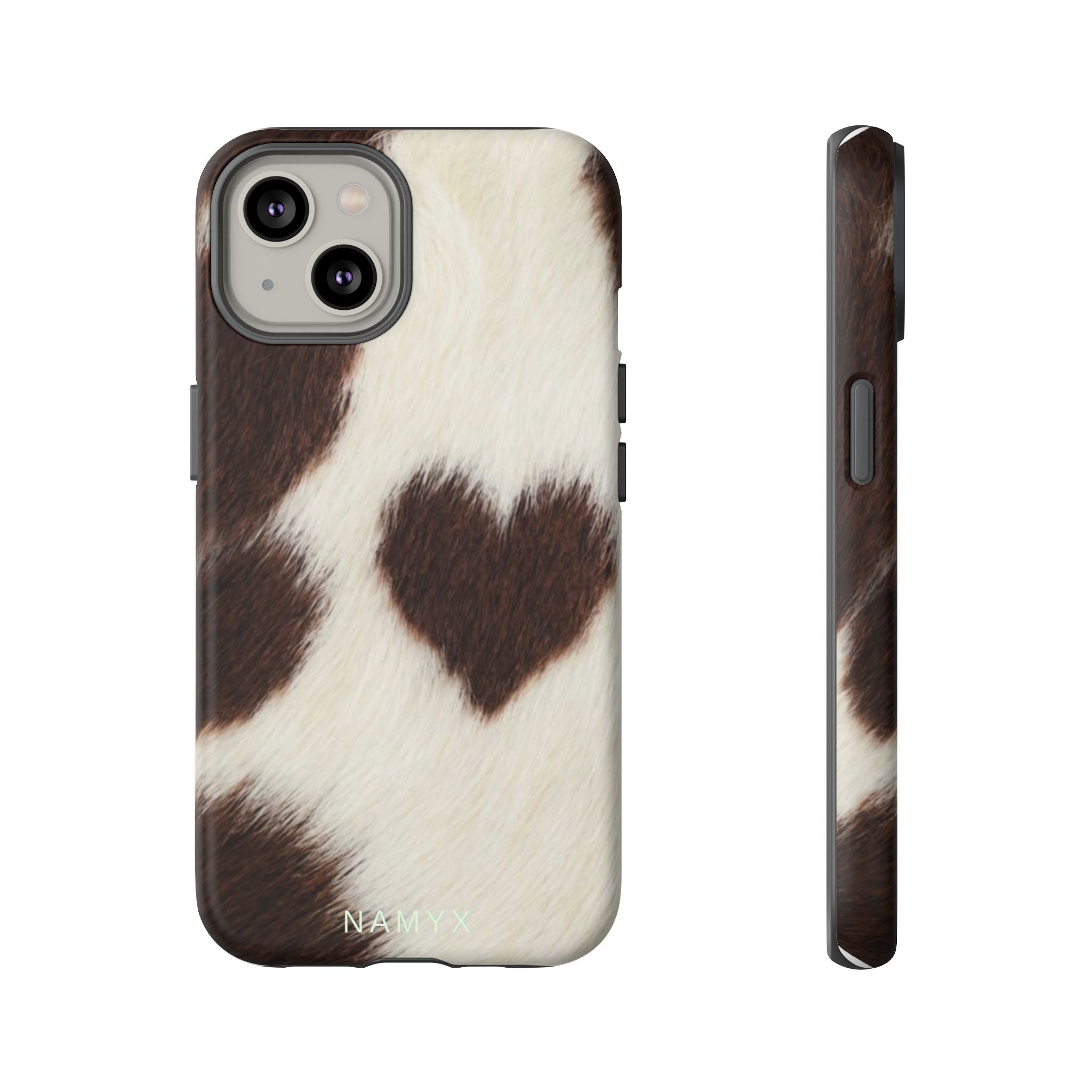 Cowhide Heart Phone Case — Cute Cow Print Protective iPhone Cover