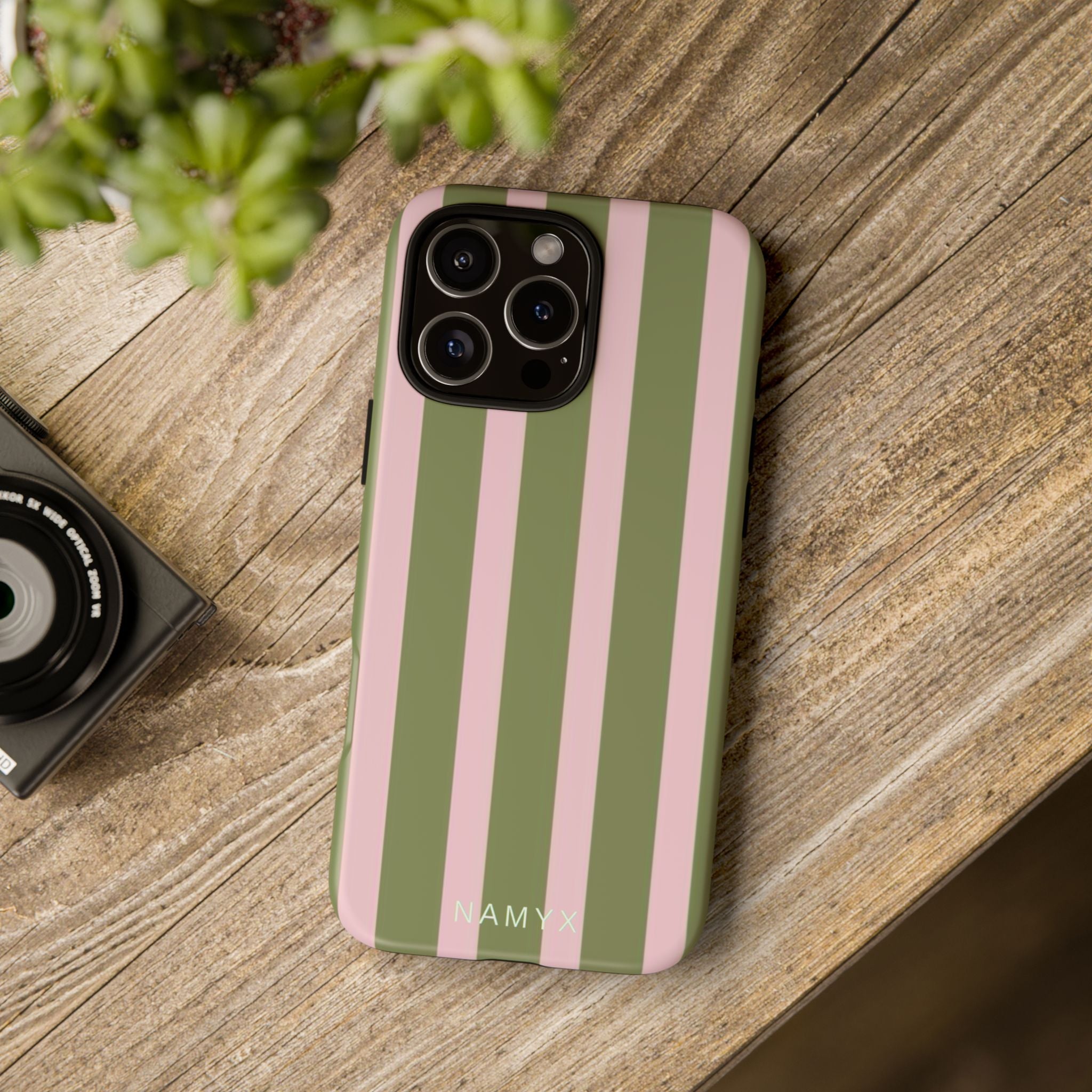 Striped Olive & Blush Tough Phone Case — Durable Protective Phone Cover