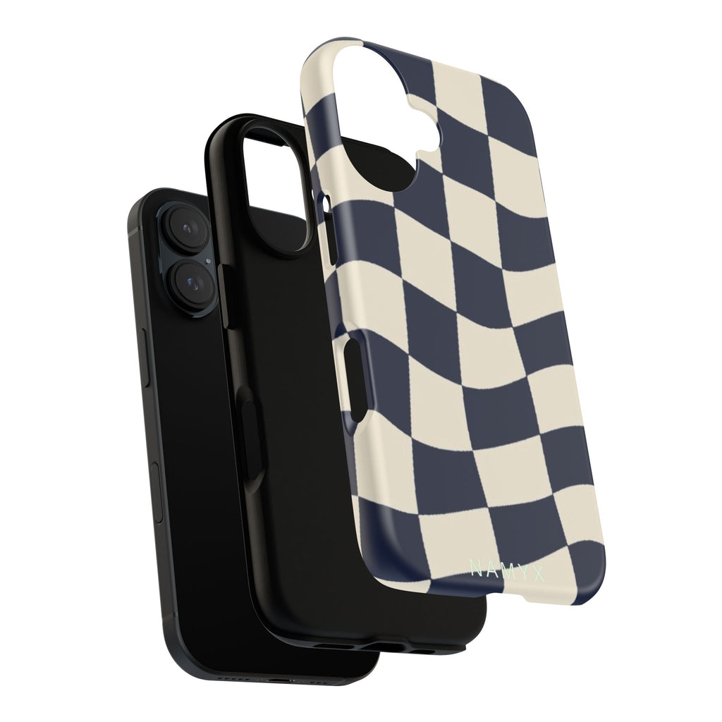 Wavy Checkered Phone Case – Retro Navy Racing Pattern Tough Case