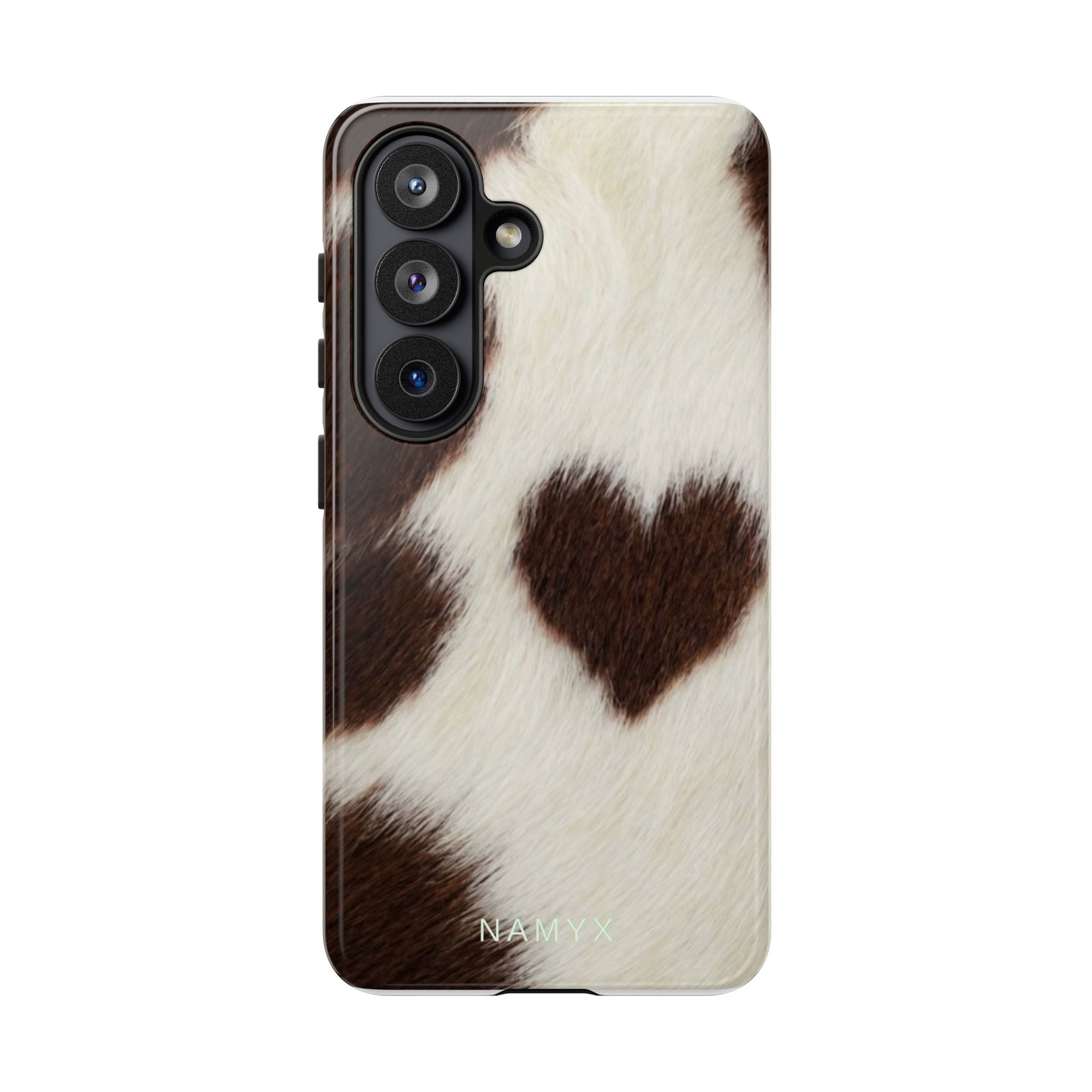 Cowhide Heart Phone Case — Cute Cow Print Protective iPhone Cover