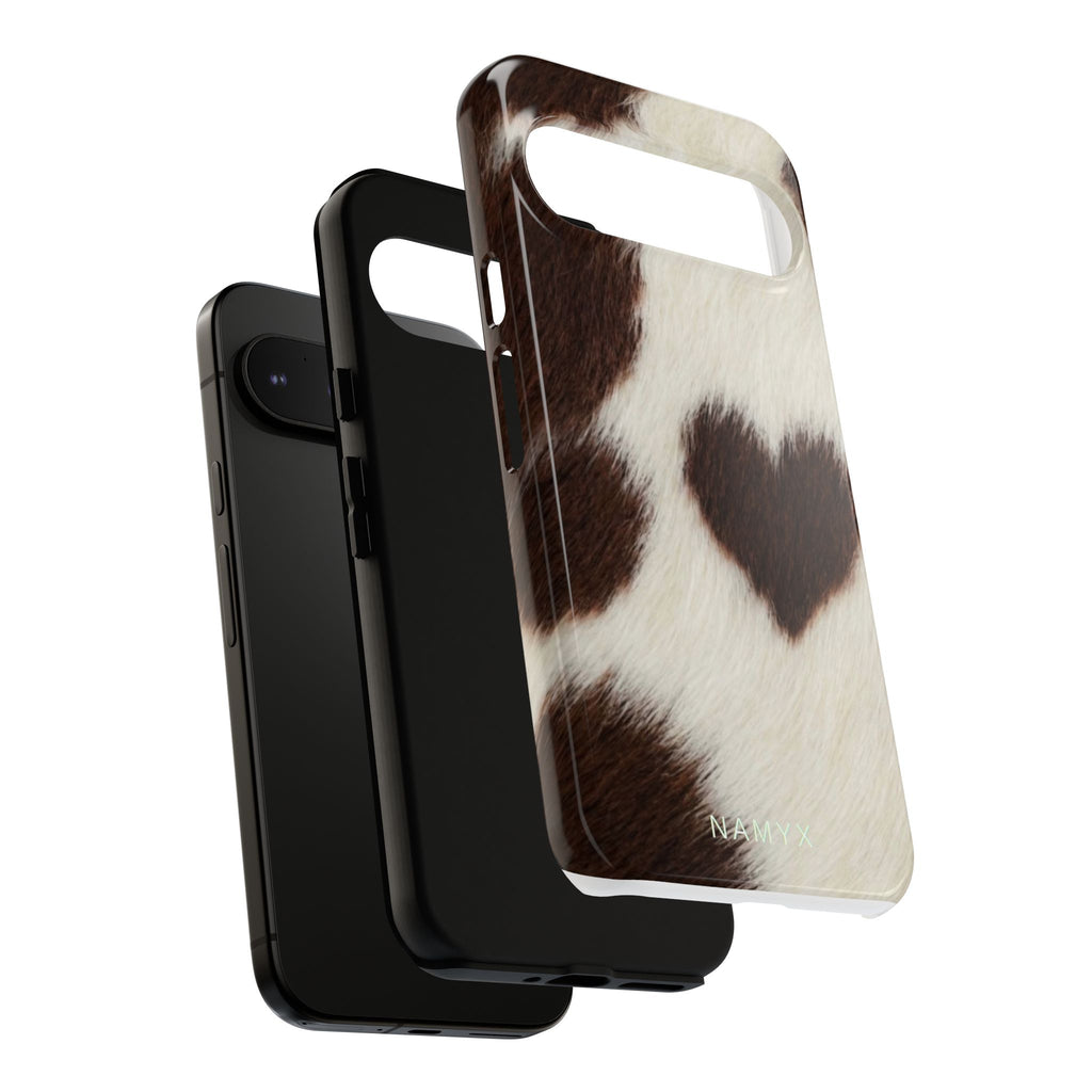 Cowhide Heart Phone Case — Cute Cow Print Protective iPhone Cover