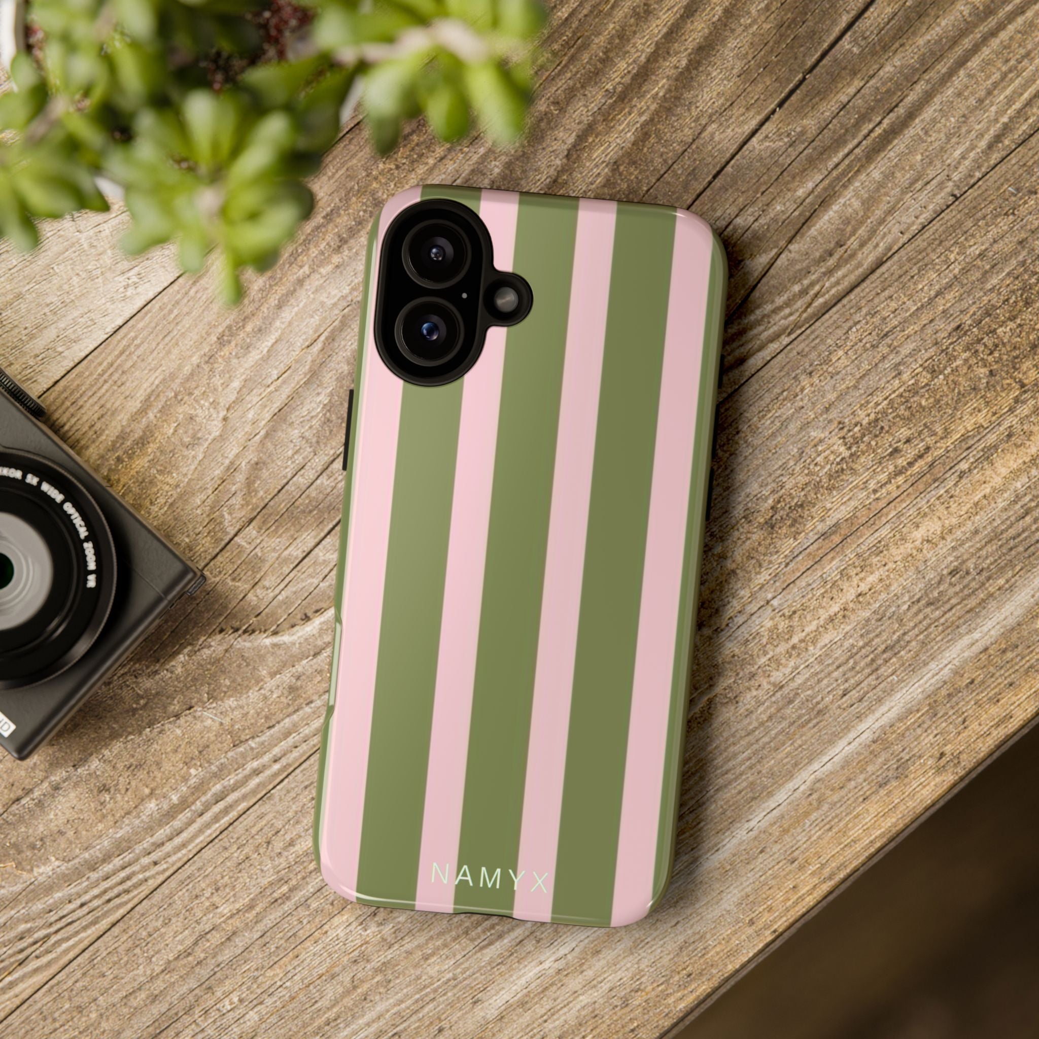 Striped Olive & Blush Tough Phone Case — Durable Protective Phone Cover