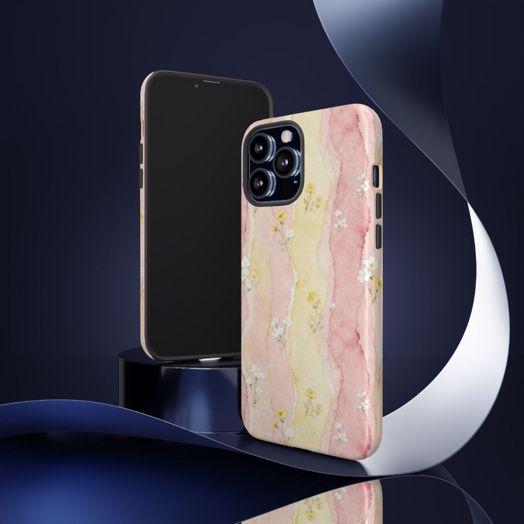 Floral Watercolor Tough Phone Case — Pink & Yellow Daisy Protective Cover