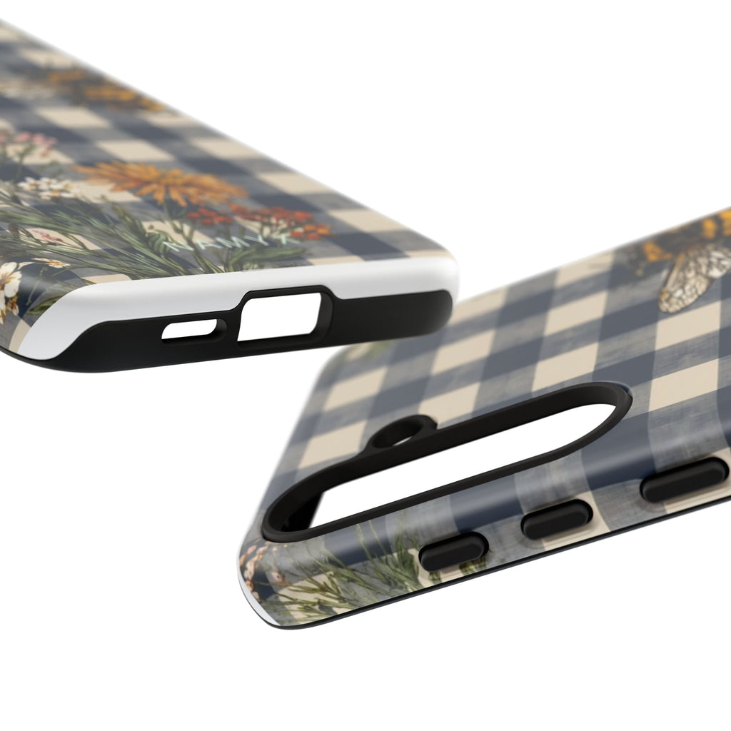 Bee & Wildflower Plaid Phone Case — Navy Buffalo Check Floral iPhone Cover