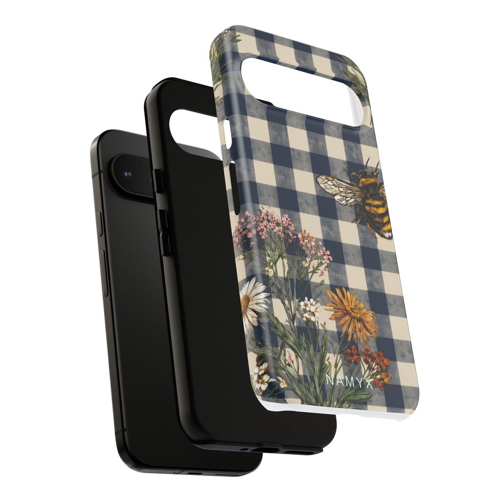 Bee & Wildflower Plaid Phone Case — Navy Buffalo Check Floral iPhone Cover