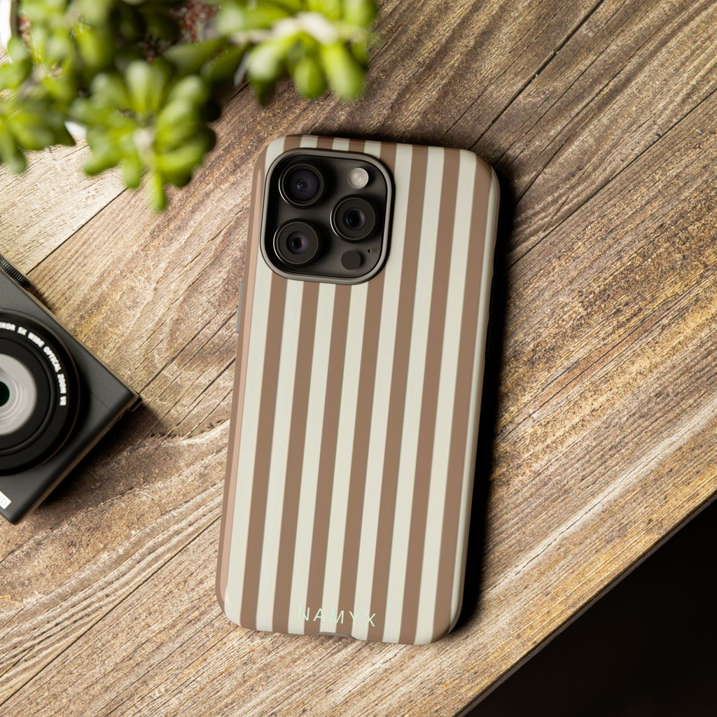 Striped Beige Phone Case — Classic Vertical Brown & Cream Stripe Tough Case