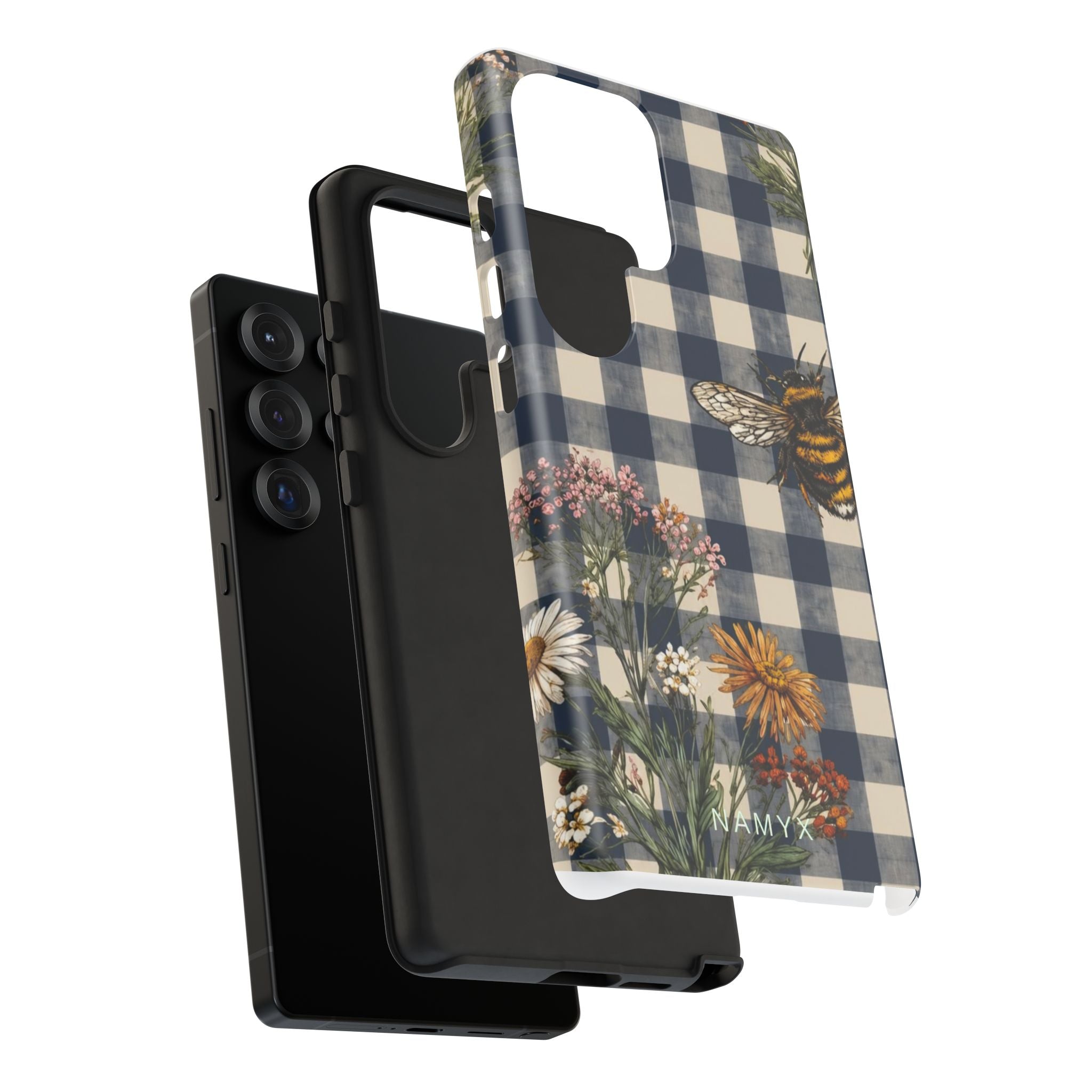 Bee & Wildflower Plaid Phone Case — Navy Buffalo Check Floral iPhone Cover