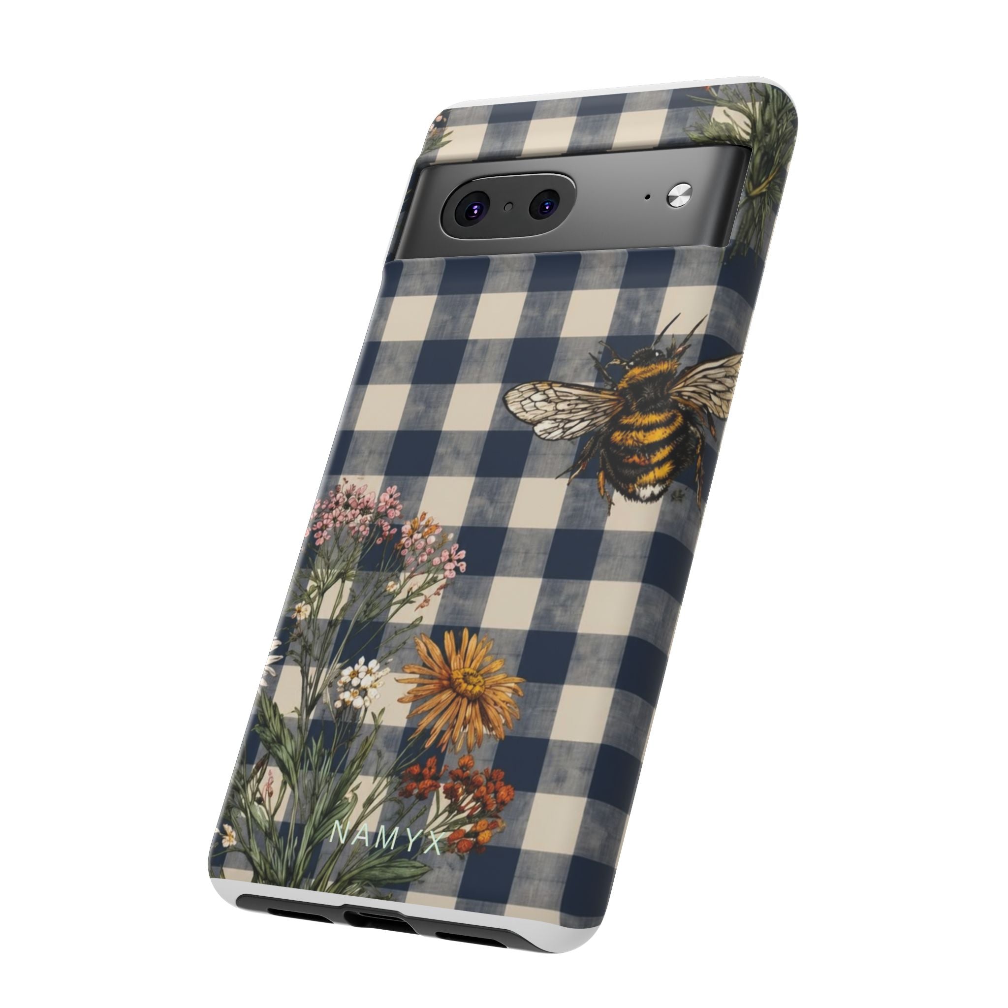 Bee & Wildflower Plaid Phone Case — Navy Buffalo Check Floral iPhone Cover